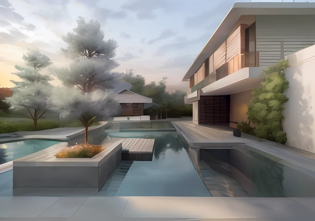 GDMEXT luxury modern residence, best quality, super detailed, 8K, detailed light, detailed shadows, super high-rise, car, trees, architectural masterpiece, best quality, super detailed, realistic, 8K, clear focus, photos of buildings, high-end landscape, lush plants, high quality, high detail, film, global illumination, realistic lighting, photography, real scene, vista, commercial, white clouds, sunset