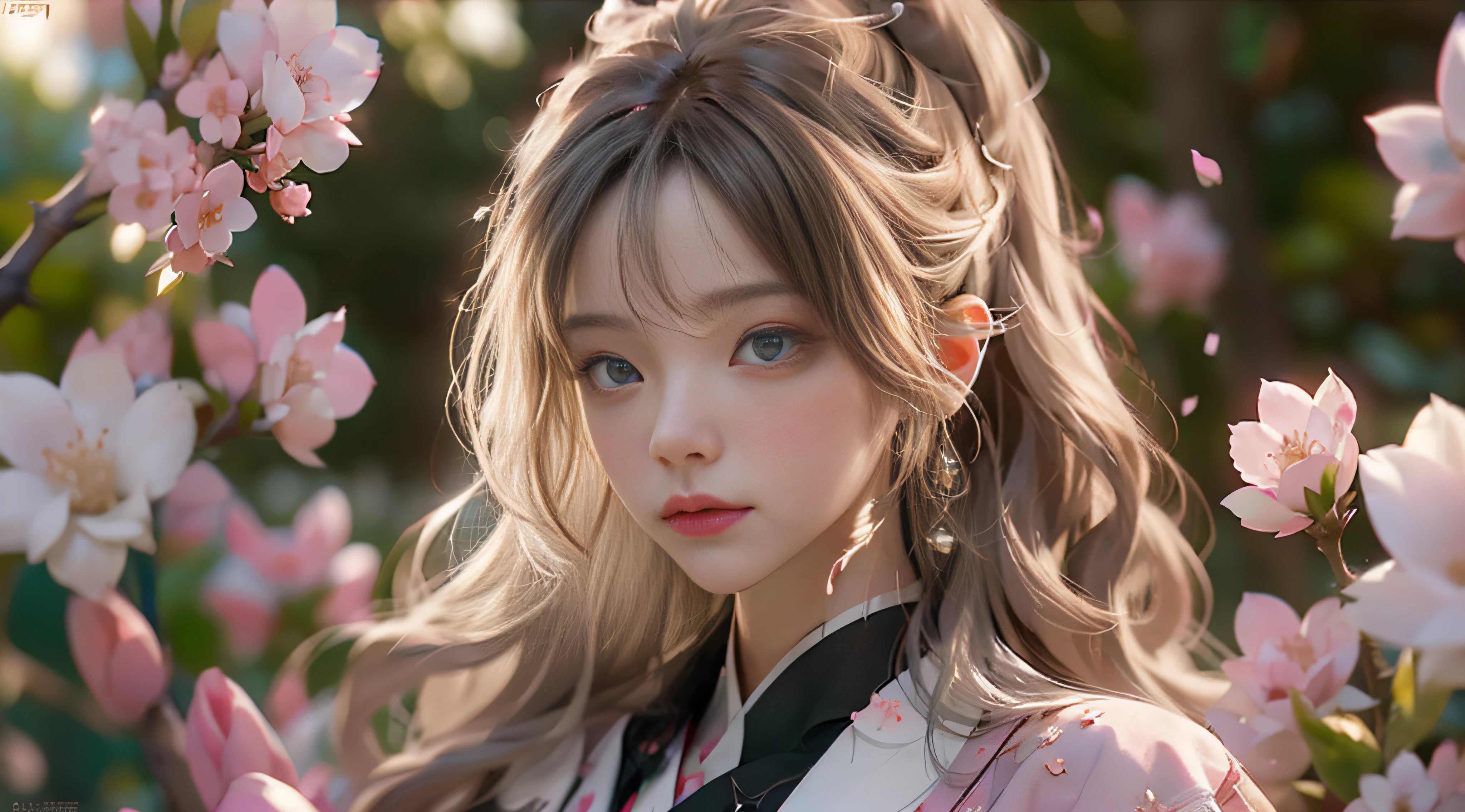 ((Best Quality)), ((Masterpiece)), (Detail: 1.4), 3D, Beautiful Cyberpunk Female Image, HDR (High Dynamic Range), Ray Tracing, NVIDIA RTX, Super Resolution, Unreal 5, Subsurface Scattering, PBR Texture, Post-Processing, Anisotropic Filtering, Depth of Field, Maximum Sharpness and Sharpness, Multi-layer Texture, Albedo and Highlight Mapping, Surface Coloring, Mitsu-Accurate Simulation of Material Interactions, Perfect Proportions, Octane Rendering, Two-color Light, Large Aperture, Low ISO, white balance, regular three-point, 8K RAW, beautiful bright pupils, flowing robes, fine pupils, delicate face and eyes, long eyelashes, blush, fluffy hair, pink lips, pure, cute, cherry blossom petals falling