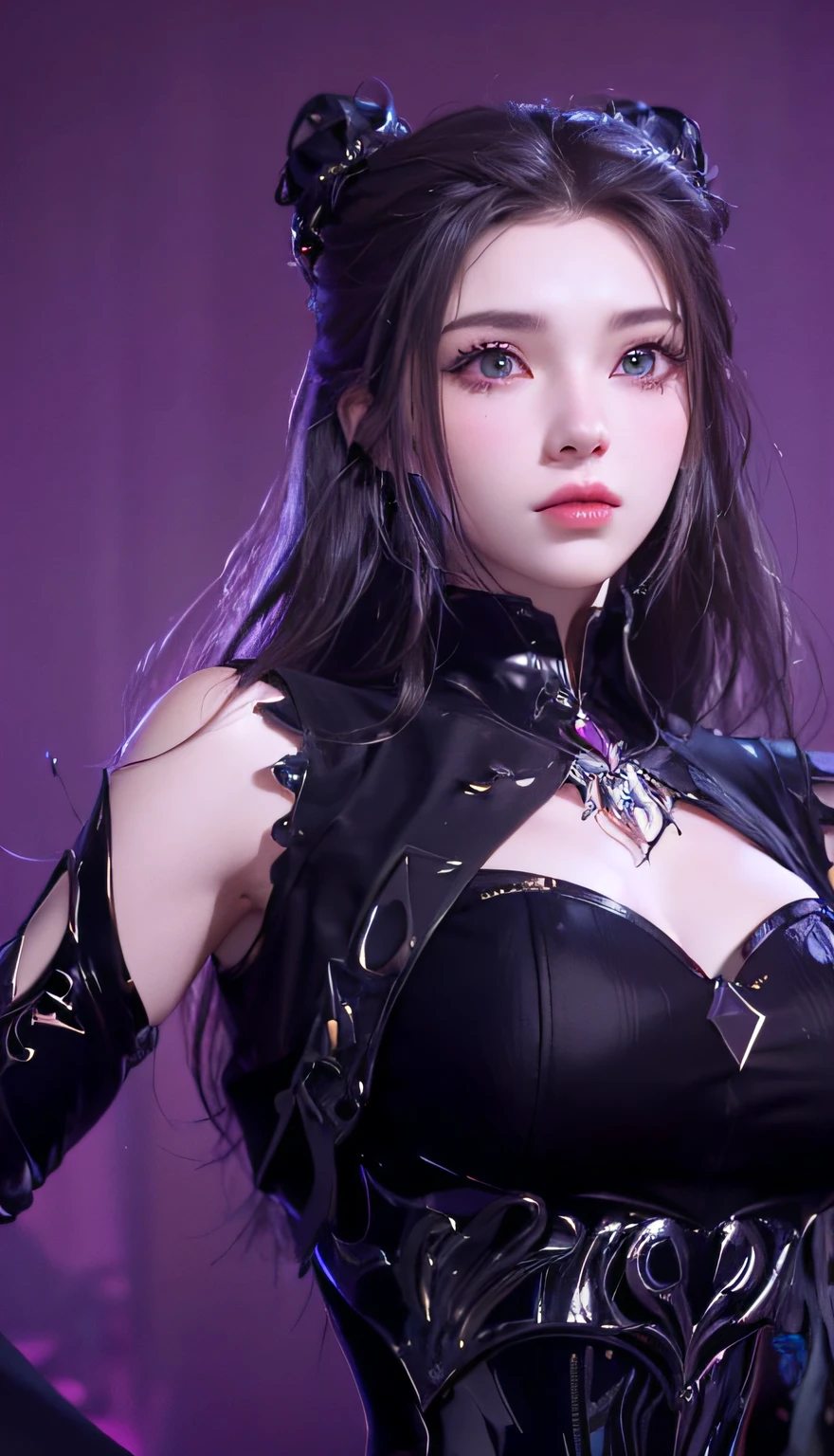 a close-up of a woman dressed in black posing for a photo, Artgerm; 3D Unreal Engine, smooth anime CG art, 8K high quality detail art, 3D rendered character art 8K, extremely detailed art, portrait knight of zodiac girl, fantasy art style, 2. 5 D CGI Anime Fantasy Art, Gothic Shoujo Anime Girl, ((Need for Beauty)), ((Feminine and Sexy)), ((Perfect Face)), ((Delicate Facial Features)), ((Beautiful Eyes, Meticulous Depiction, Close-up)), ((Pointed Nose))