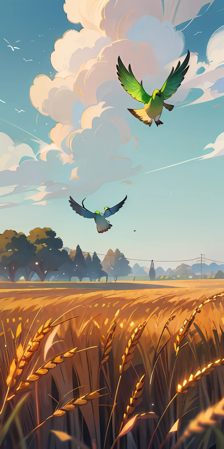 Green wheat fields with cuckoos flying in the sky
