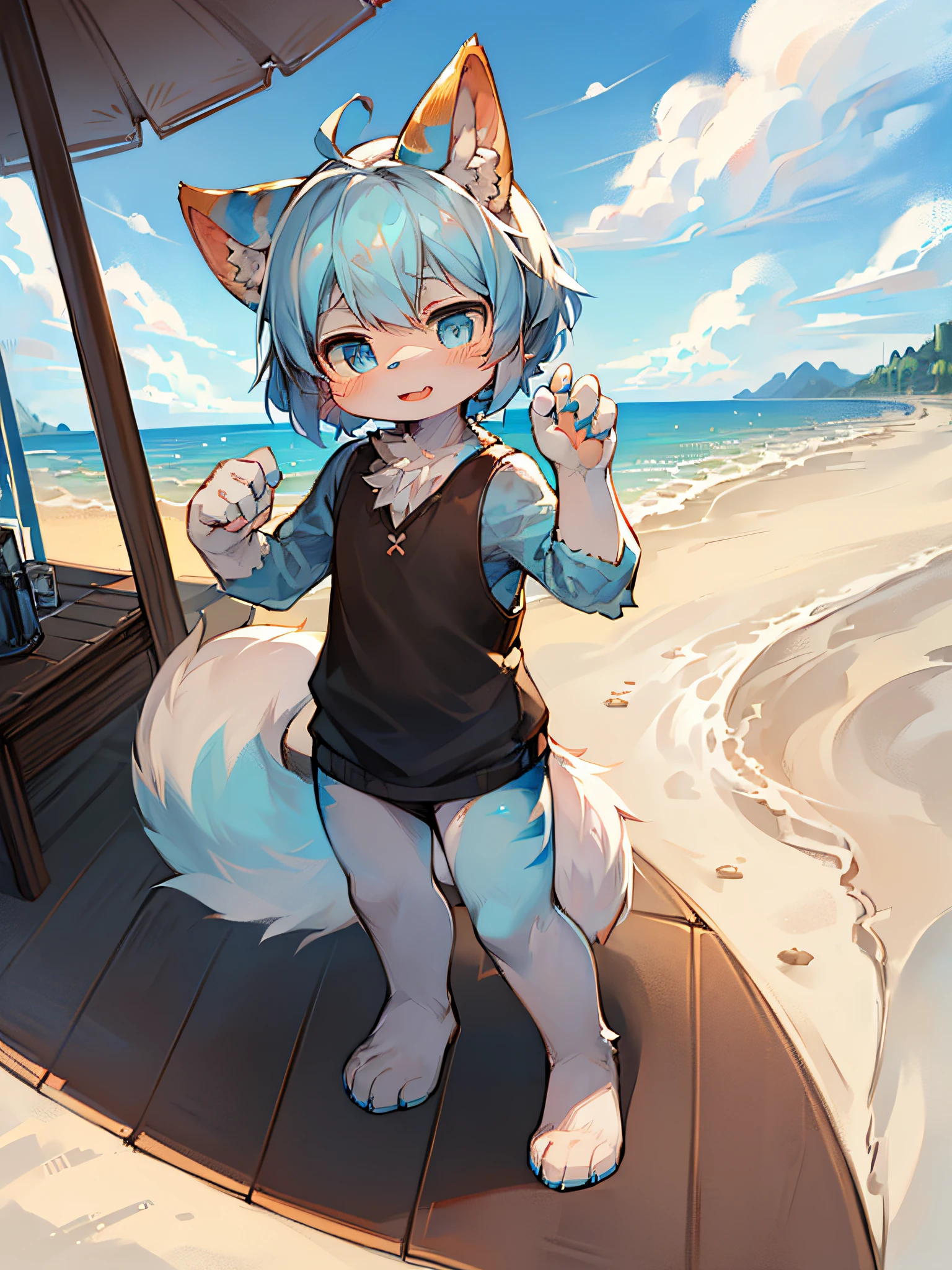 masterpiece, high quality, abstract res, digital painting\(artwork), by dagasi, yupa, kiyosan, (anthro, fluffy fur, character focus:1.1), anthro male cat, short hair, portrait, bright eyes, standing, Panorama, character focus. (Detailed background: 0.7), Furry, Furry male, Male focus, Anthr, (full body fur, a fluffy tail, white and blue fur, blue eyes, white), (long canine, (beach, daytime: 1.1)