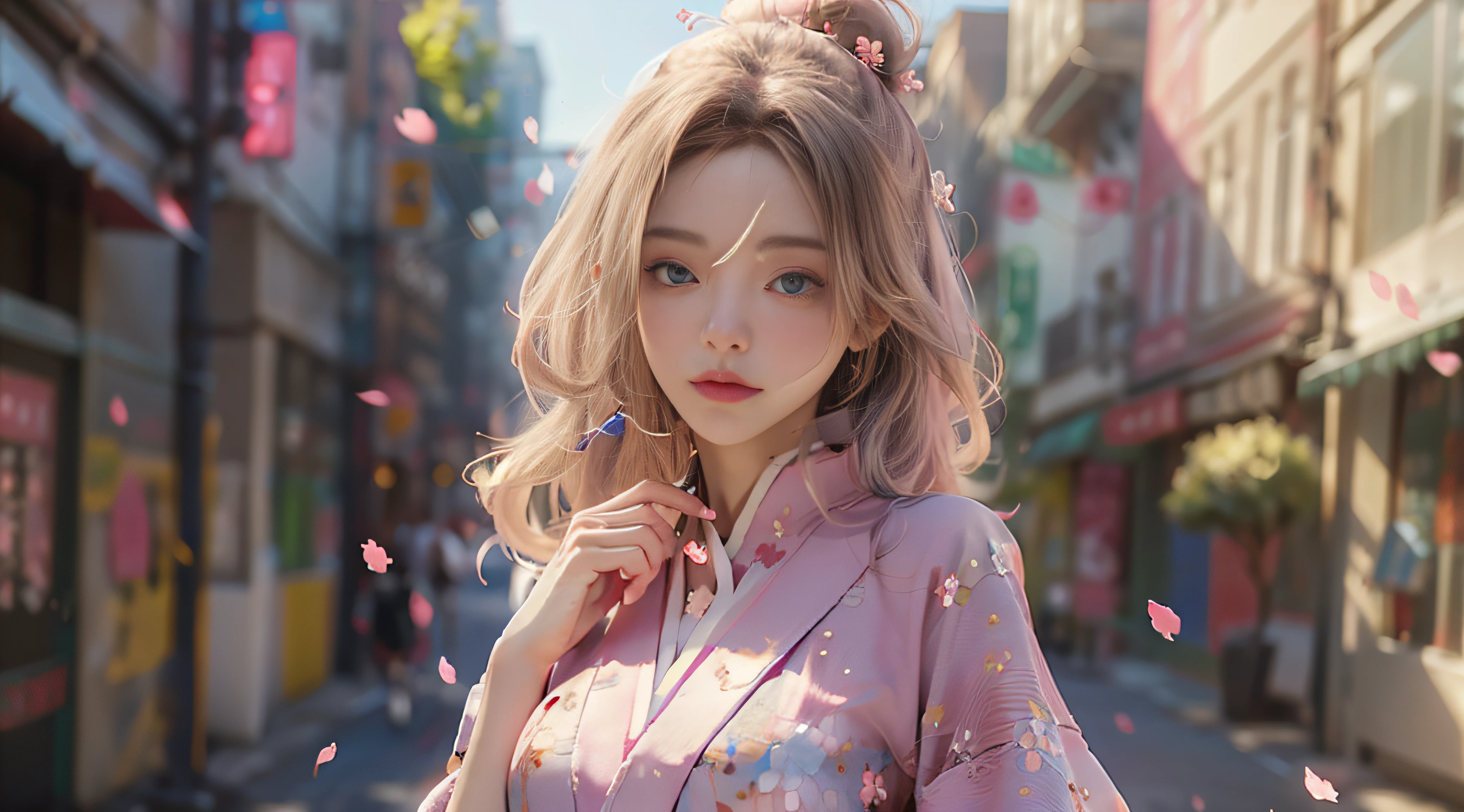 ((Best Quality)), ((Masterpiece)), (Detail: 1.4), 3D, Beautiful Cyberpunk Female Image, HDR (High Dynamic Range), Ray Tracing, NVIDIA RTX, Super Resolution, Unreal 5, Subsurface Scattering, PBR Texture, Post-Processing, Anisotropic Filtering, Depth of Field, Maximum Sharpness and Sharpness, Multi-layer Texture, Albedo and Highlight Mapping, Surface Coloring, Mitsu-Accurate Simulation of Material Interactions, Perfect Proportions, Octane Rendering, Two-color Light, Large Aperture, Low ISO, white balance, regular three-point, 8K RAW, beautiful bright pupils, flowing robes, fine pupils, delicate face and eyes, long eyelashes, blush, fluffy hair, pink lips, pure, cute, cherry blossom petals falling