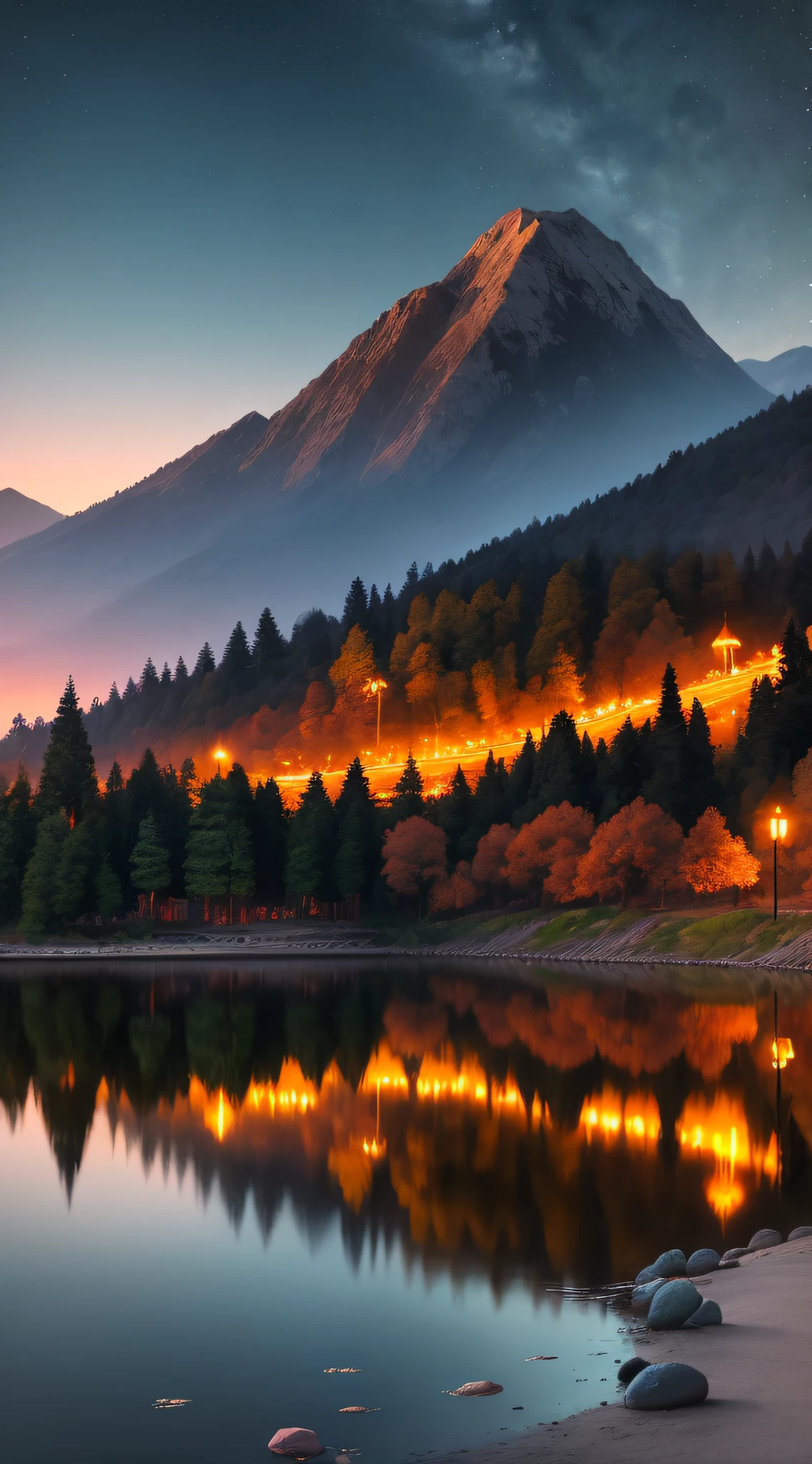 night view, park, lake, hill, pebble path, masterpiece, best quality, enchanting night, high detail, 8K, wallpaper
