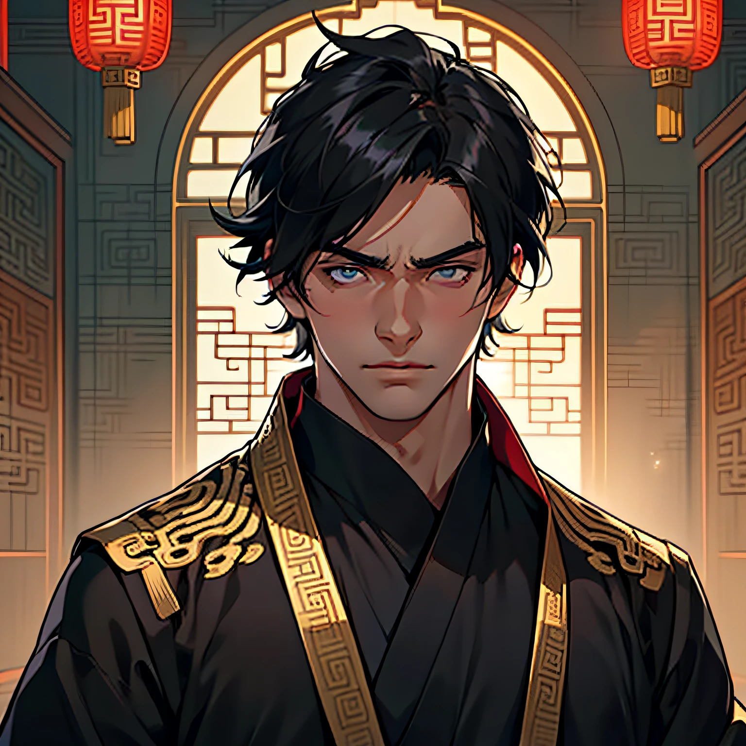 (1 person) ((((1 boy))), (boy)).((black)))), ((black clothes)), ((black-clothed)), (black-haired)), busts, close-ups, contemptuous expressions, royal spirit, gorgeous, handsome, outstanding temperament, proud expression, speaking) (background: in the sacred and resplendent palace of ancient China).