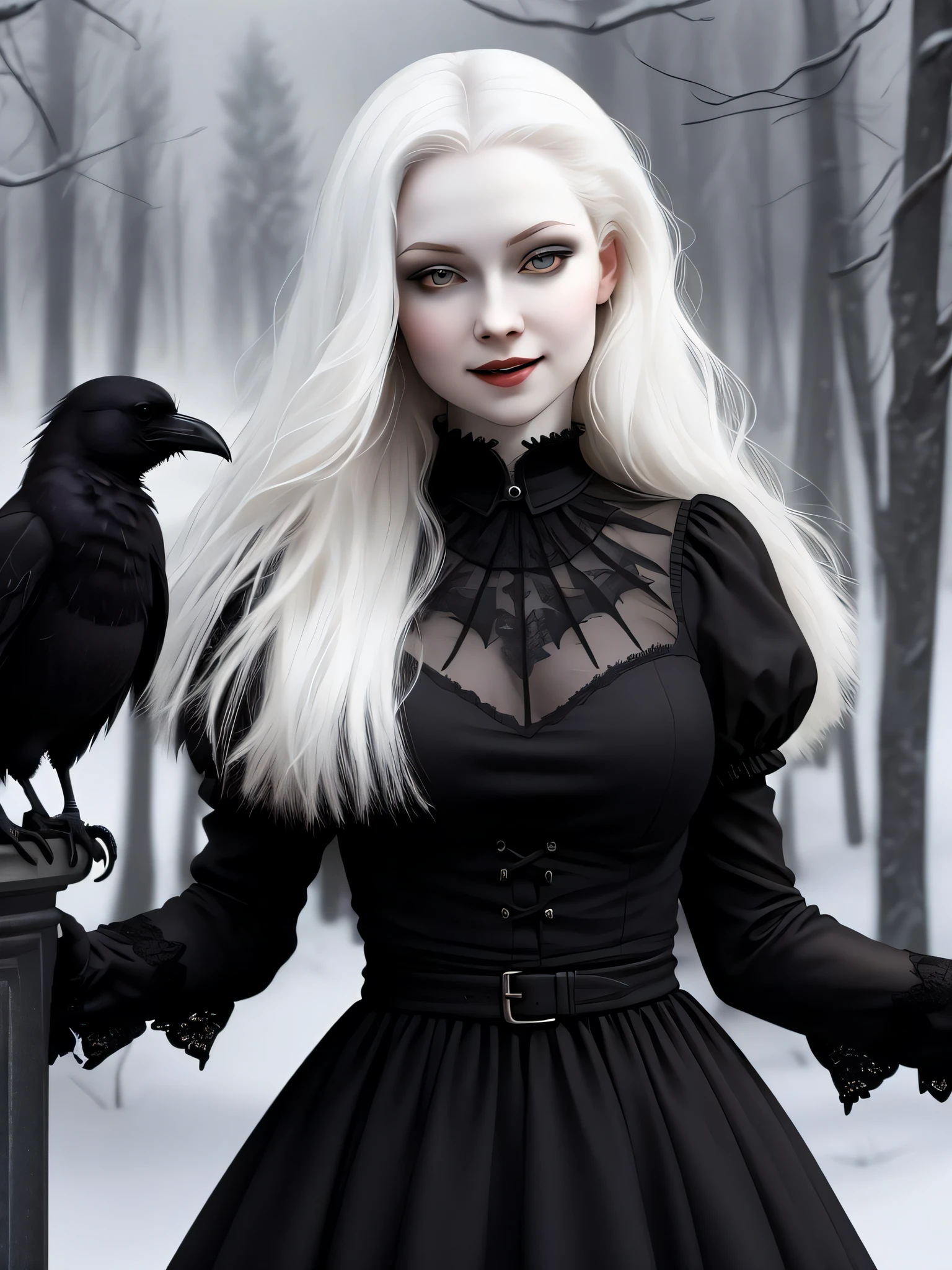 female vampire|albino,pale porcelain skin, vintage black dress, smile, ((a crow)), shallow depth of field, sadistic, nightfall, detailed face, night,wide hips,narrow waist,detailed eyes, portrait of woman standing,8k RAW photo, highest quality, (looking at the viewer:1.3), best shadow, intricate details, (bold hair:1.3),(bright eyes),forest, grave,gothic,goth,(thunder-storm:1.2),((intricate details)), detailed eyes, (hdr:1,2), ((intricate details, hyperdetailed)),