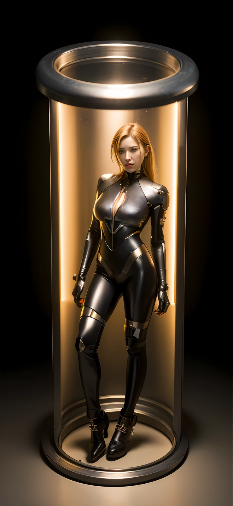 Precise face depiction, female cyborg, energy is fusion, body is made of metal, some artificial skin, appearance is close to human, metal parts are also exposed, instruments on chest, interface on arms, beauty, Japan person, ((full body: 1.2)), (body emits light)