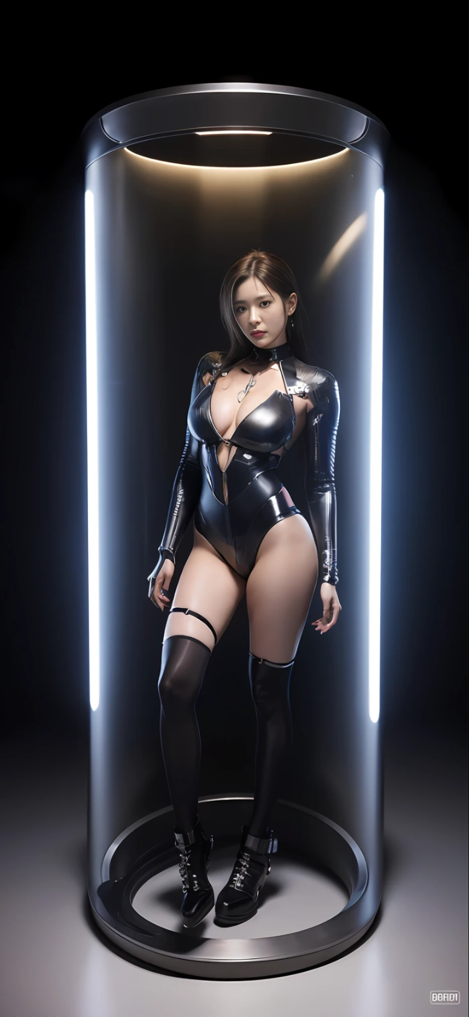 Precise face depiction, female cyborg, energy is fusion, body is made of metal, some artificial skin, appearance is close to human, metal parts are also exposed, instruments on chest, interface on arms, beauty, Japan person, ((full body: 1.2)), (body emits light)