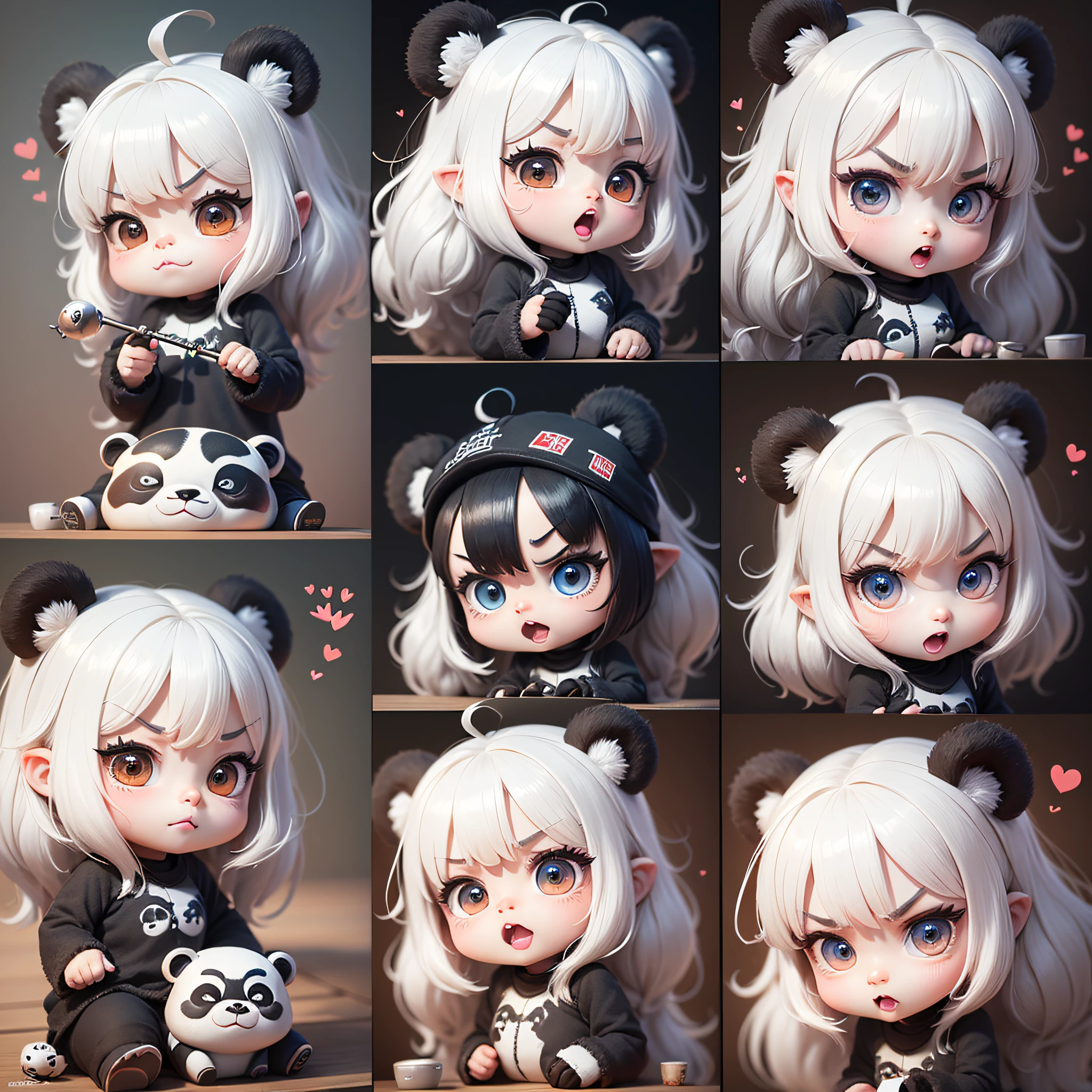 a little cute panda,thick lips,multiple poss andexpressionsas,angry,happy,coquettish,as an illustration set,chibi,pixar animation,furious,3d,8k,dynamic pose,dark white,group,Expression Collection,sheet