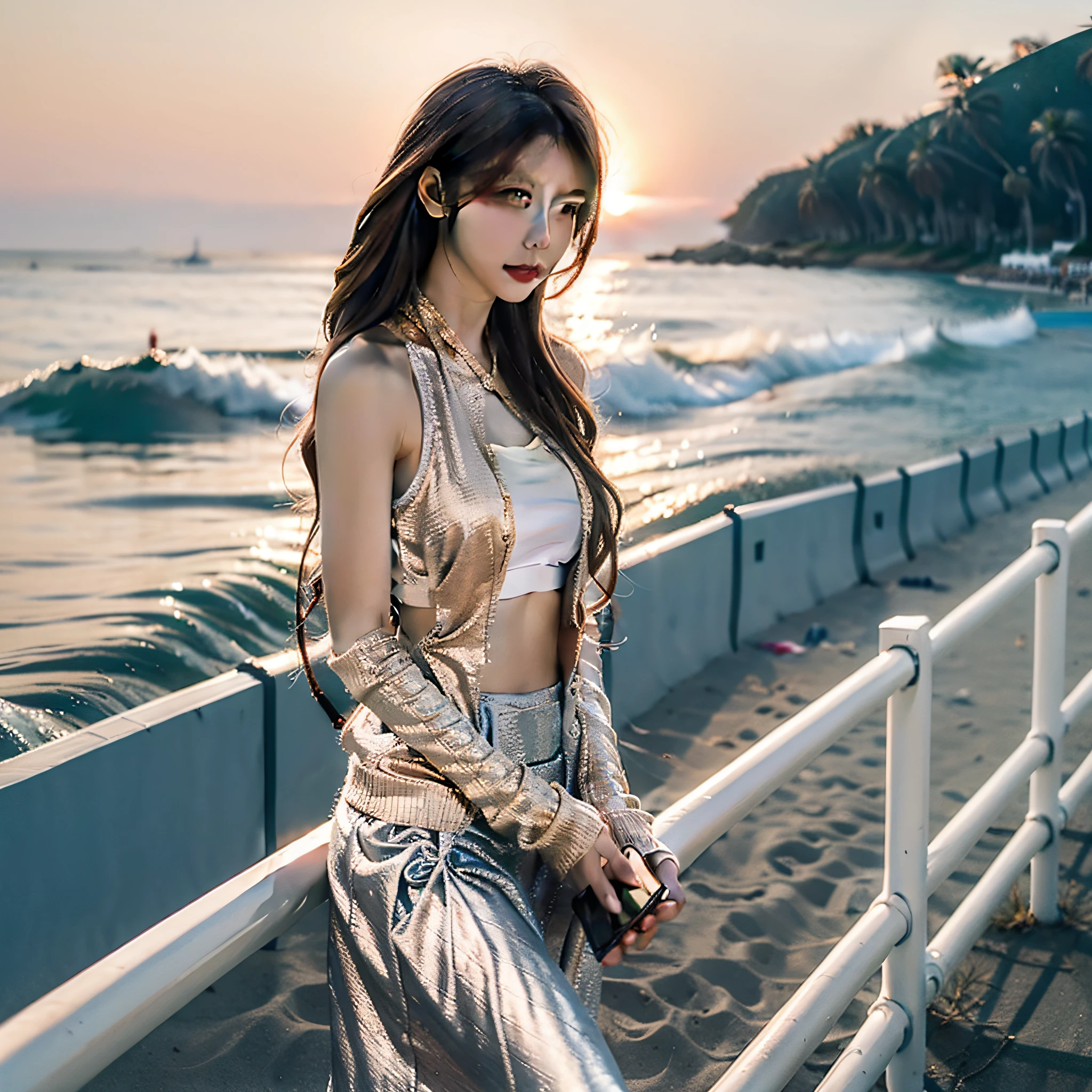 Wearing a white sports vest, Chinese model, holding a mobile phone, long hair flowing slightly, Gold and pink sky, beach fence, distant sea, record beautiful moments, --ar 3:2