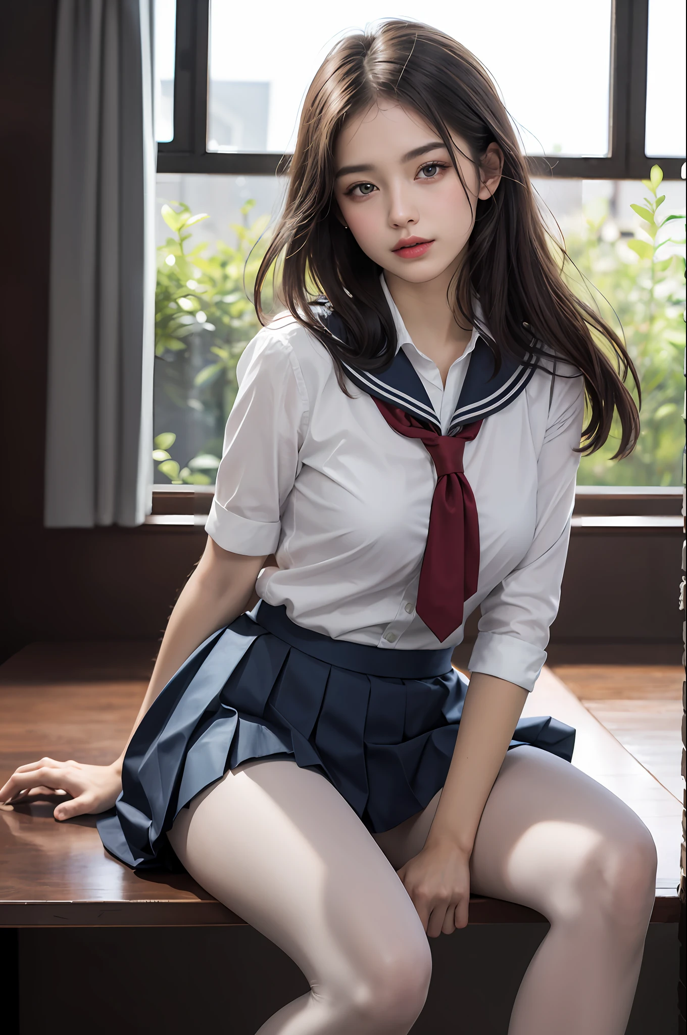 ultra realistic 8k cg, picture-perfect face, flawless, clean, masterpiece, professional artwork, famous artwork, perfect face, beautiful face, beautiful eyes, ((perfect female body)), solo,(immersive atmosphere, chiaroscuro:1.5,bright light:1.2,luminous lighting)
,,(blush:0.5),seductive expression,extremely detailed_eyes,thick thighs,large breasts,
beautifully detailed background,depth of field,realistic:1.3, long shot,1girl,shirt,pleated skirt, school uniform, sitting, full body,
(ambient light:1.3),(cinematic composition:1.3),(neon lights:0.1),(HDR:0.1),Accent Lighting, white pantyhose,