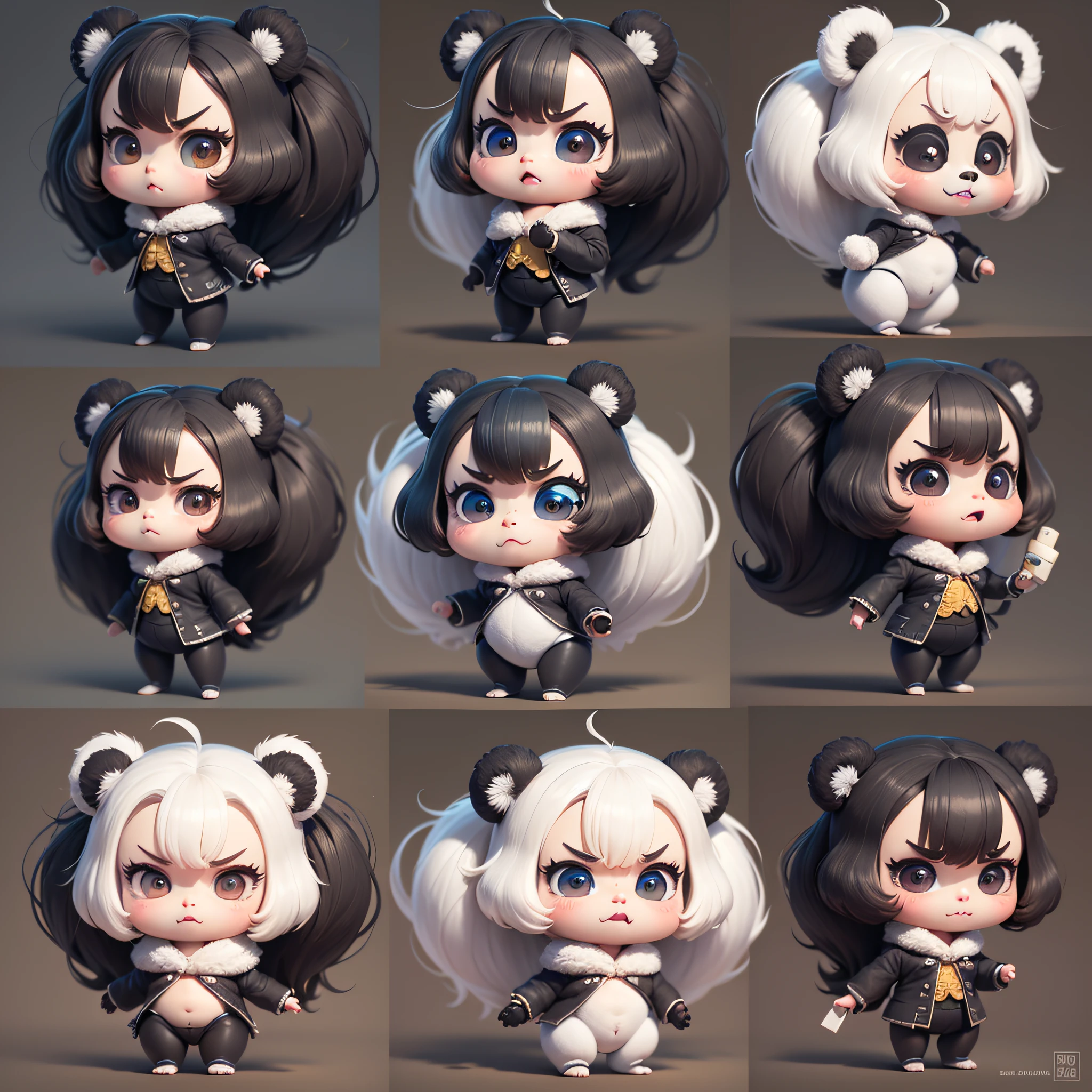 a little cute panda,thick lips,multiple poss andexpressionsas,angry,happy,coquettish,as an illustration set,chibi,pixar animation,furious,3d,8k,dynamic pose,dark white,group,Expression Collection,sheet