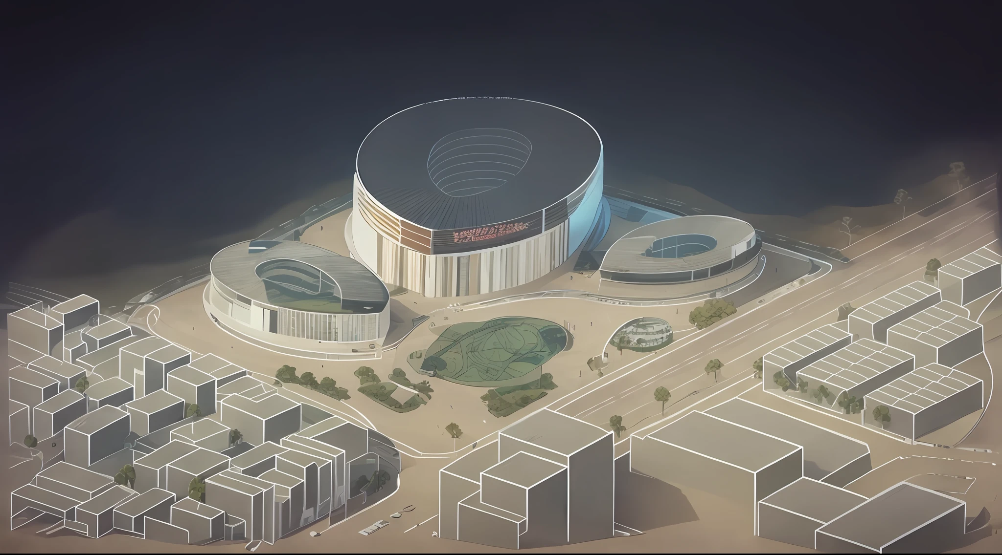 a drawing of a building with a circular roof and a circular roof, digital rendering, stadium, isometric view, a digital rendering, conceptual, artist's impression, by Jakob Gauermann, concept drawing, circular, detailed rendering, architectural illustration, highly rendered, central hub, conceptual rendering, highly rendered!!, sportspalast amphitheatre, artistic impression, rendering