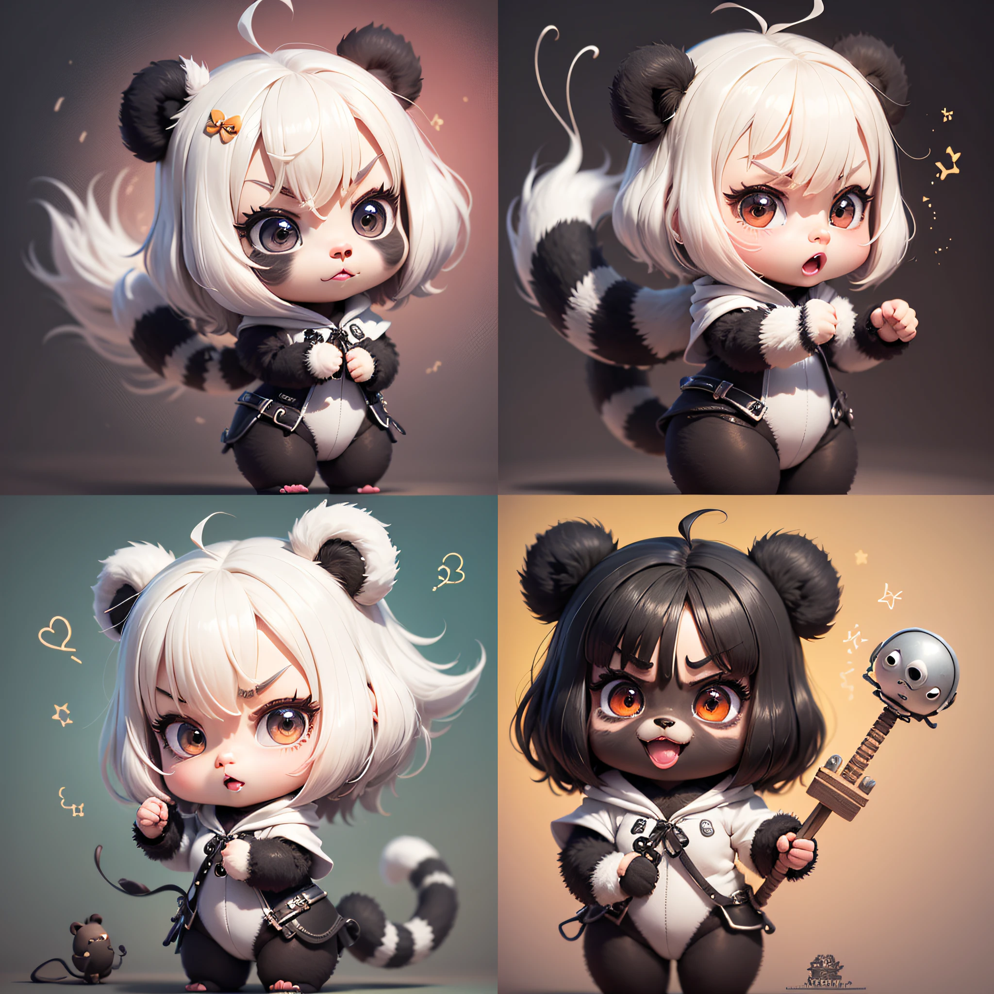 a  little  cute  panda,thick  lips,multiple poss andexpressionsas,angry,happy,coquettish,as an  illustration  set,chibi,pixar  animation,furious,3d,8k,dynamic  pose,dark  white,group,Expression  Collection,sheet