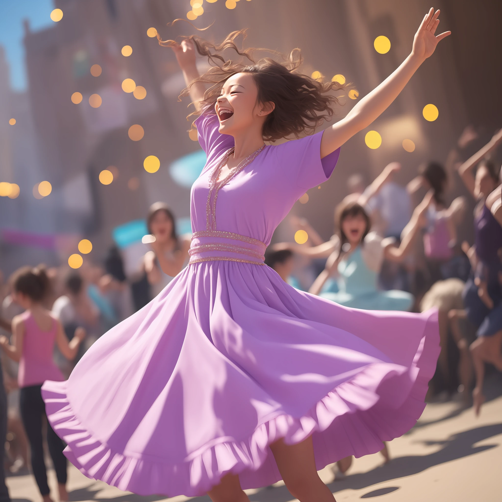Girl energetically dancing with joy.