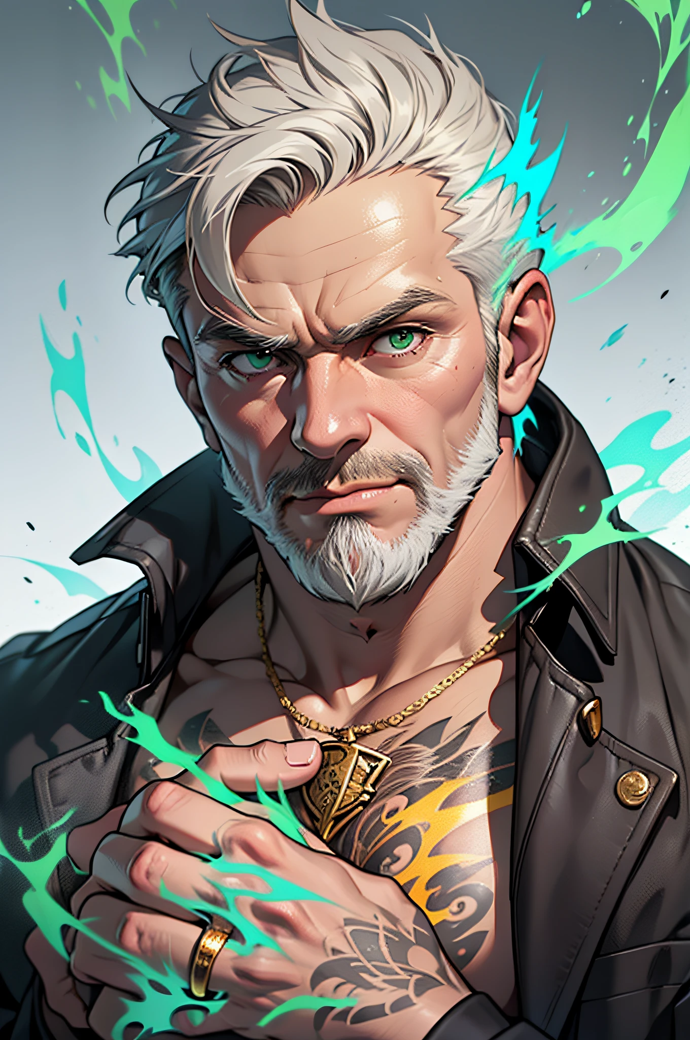 1 man, 50s year old, solo, old man, upper body shot, a man making green fire out of his hand, white skin, shirtless, open chest, tattoo, symmetrical tattoo, grey beard, muscular, hunk, bear body, short cut hair, grey hair, smirks, turn head pose, hadesstyle, green fire, mythical fire, fantasy world, best quality:1.2, masterpiece, high resolution:1.2, big brown with fur trench coat, gold necklace, high camera angle, shadow, volumetric lighting, flat style, white solid background