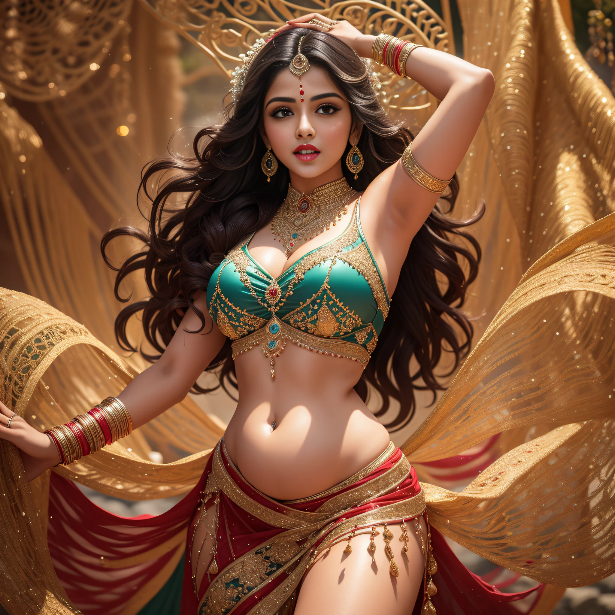 (masterpiece), best quality, extremely detailed, ultra high resolution, vibrant and colorful, 8K wallpaper of a beautiful Indian girl dancing in the river, dressed in a belly dancer dress with intricate, long curly hair, red lips, sexy more adorable face, 8k, cinematic