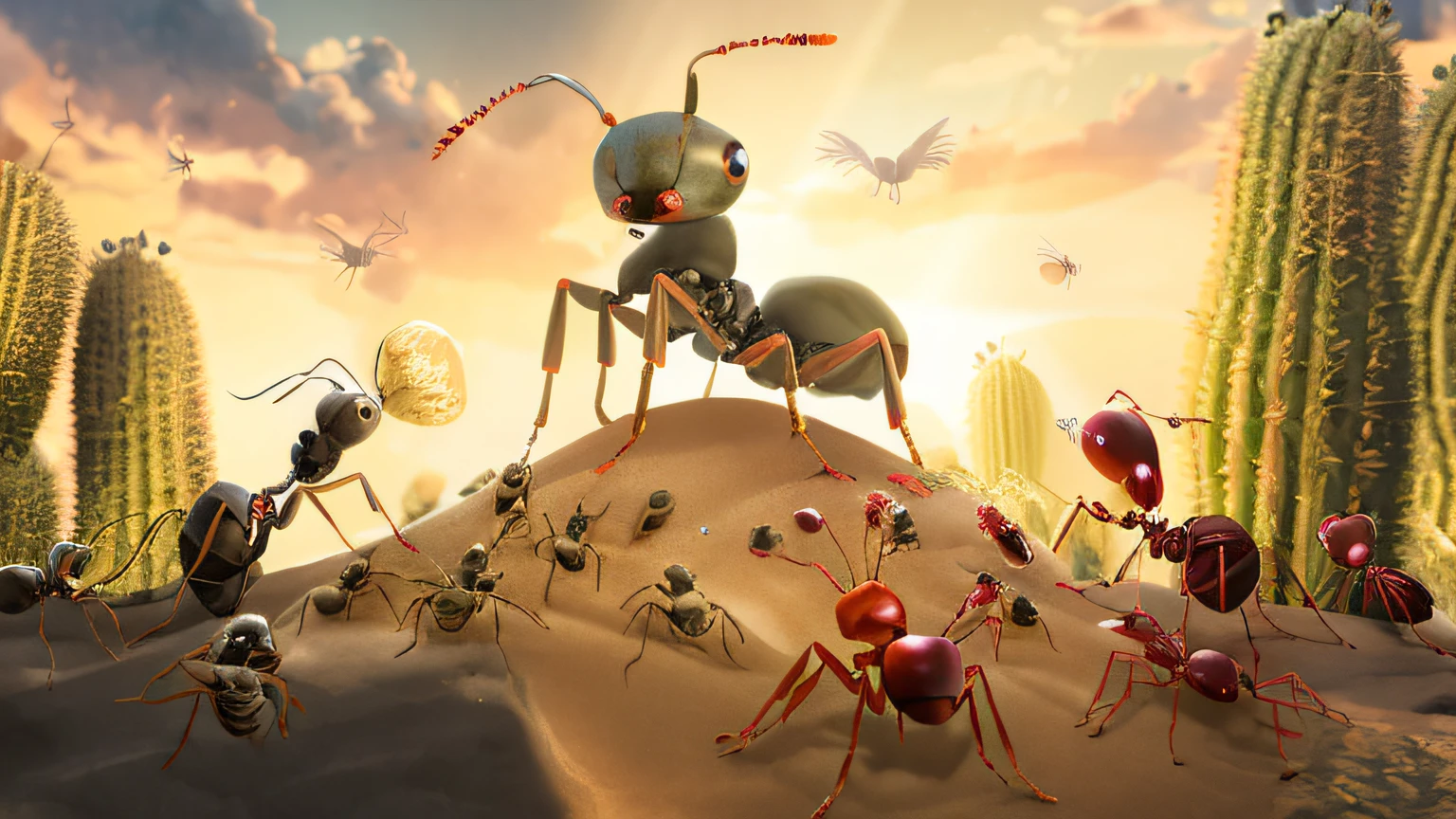 cartoon ants are standing on a mound of sand with cactus trees, ants, smart ants, ant life, cg art, ant humanoid, ant alien, ant, monstrous ant, ant perspective, 3 d animated movie, weta disney movie still photo, weta disney pixar, ant farm simulator, bugs, artistic render, animated movie still, cg artist, game cg --auto