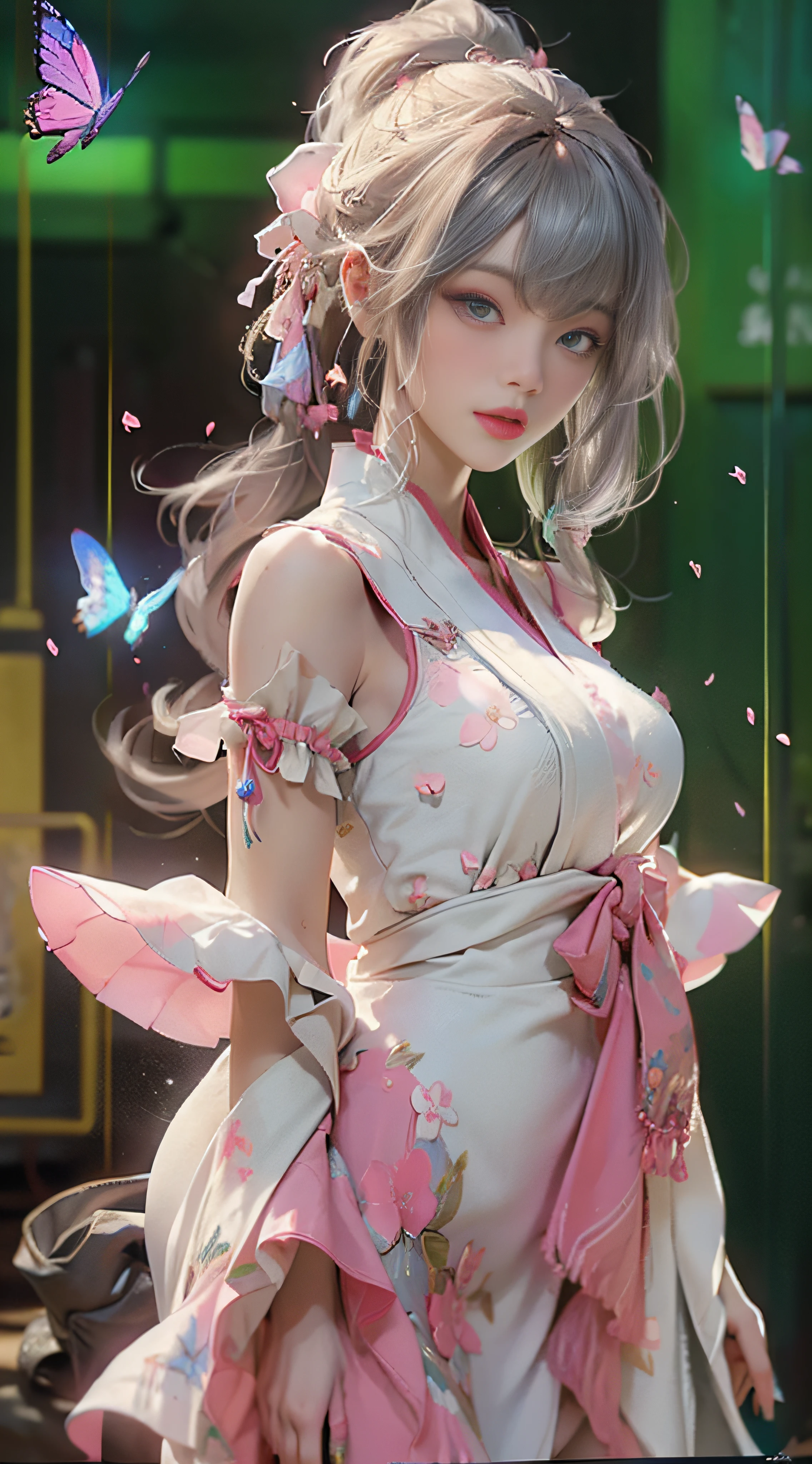 ((Best Quality)), ((Masterpiece)), (Detail: 1.4), 3D, Beautiful Cyberpunk Female Image, HDR (High Dynamic Range), Ray Tracing, NVIDIA RTX, Super Resolution, Unreal 5, Subsurface Scattering, PBR Texture, Post-Processing, Anisotropic Filtering, Depth of Field, Maximum Sharpness and Sharpness, Multi-layer Texture, Albedo and Highlight Mapping, Surface Coloring, Mitsu-Accurate Simulation of Material Interactions, Perfect Proportions, Octane Rendering, Two-color Light, Large Aperture, Low ISO, white balance, regular three-point, 8K RAW, beautiful bright pupils, flowing robe, fine pupils, delicate face and eyes, long eyelashes, blush, fluffy hair, pink lips, pure, cute, cherry blossom petals falling, butterfly