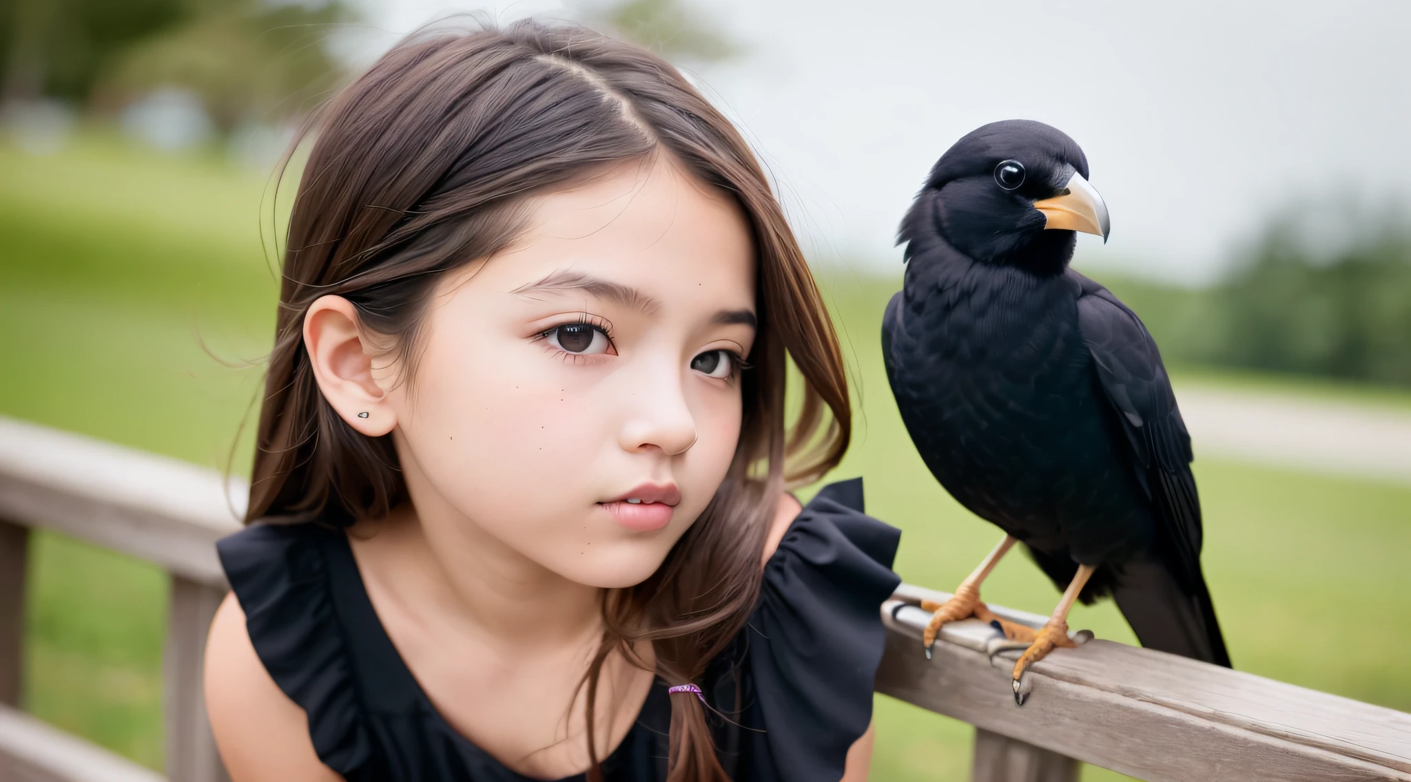 CHILD girl with a black bow and a black dress, girl with dark brown hair, girl with brown hair, black hair ribbons, a beautiful teen-age girl, wearing hair bow, young girl, brown hair and big eyes, half-length photo, photo of young woman, young, beautiful girl, she is about 1 6 years old, there is a black bird sitting on a wooden rail, long shiny thick black beak, closeup of a crow, cute crows, crows as a symbol of death, crow, crow bird, magpie, crow portrait!!!, black crow, dark crow, is looking at a bird, crows, male, crow, beautiful photo, closeup portrait shot, proud looking away, by Paul Bird