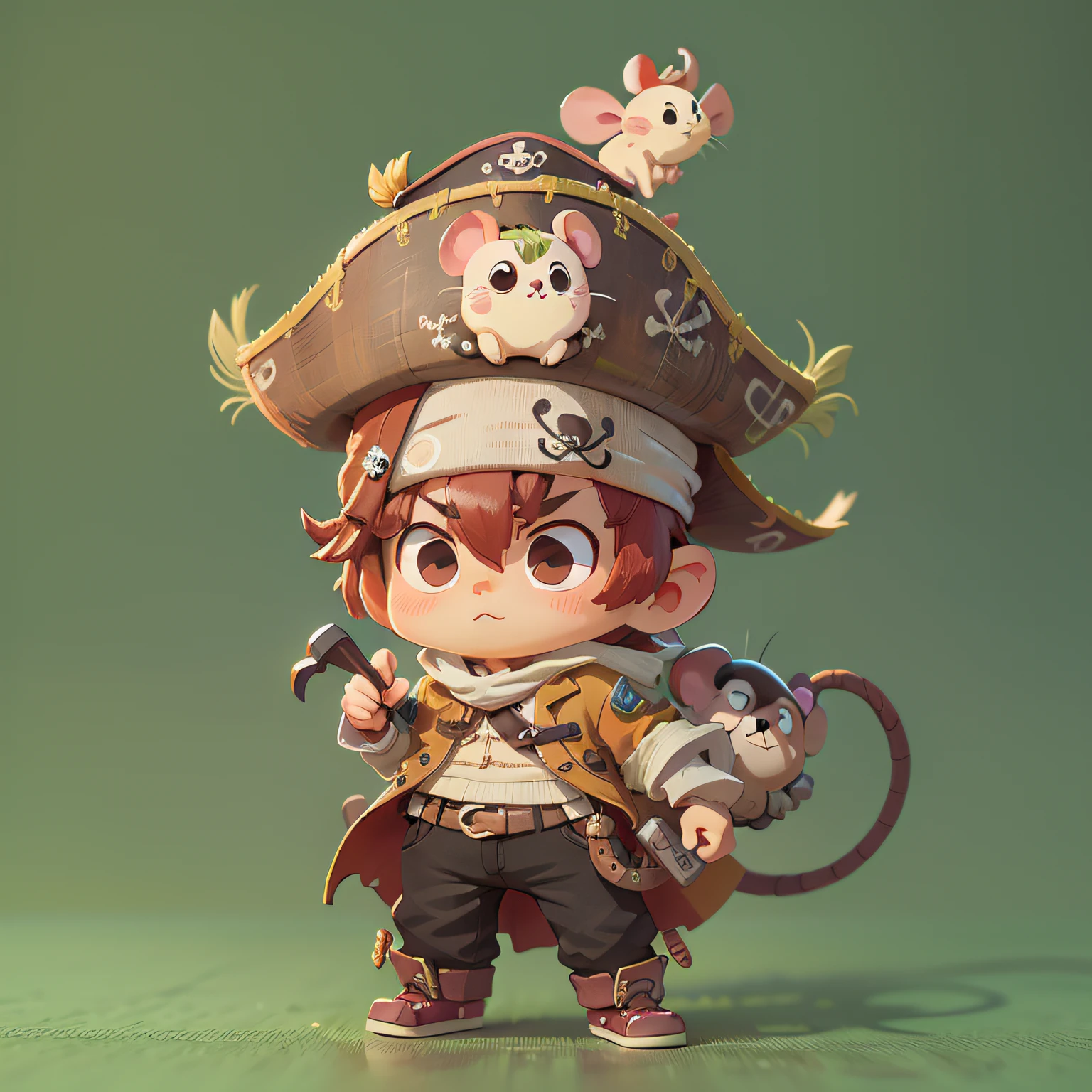 chibi, mouse, cute, pirate boy, with hat, bigbadejo, full body, masterpiece, 3D Rendering, Best Quality, Lots of Detail, (plain background), vinyl toy figurine