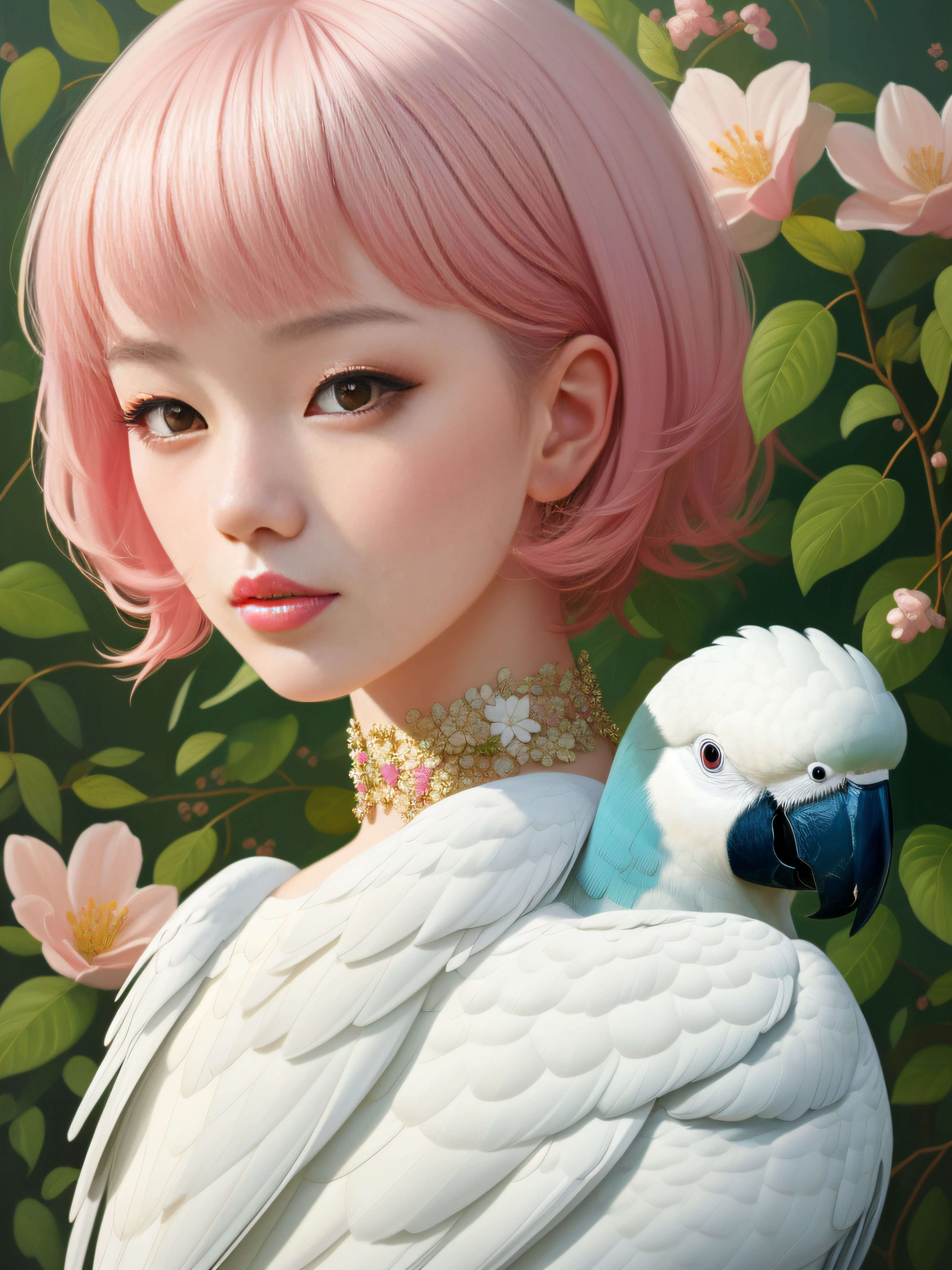 A fashion magazine, Hyperrealistic oil painting, (a pure white parrot), Short hair neutral woman, pink and emerald, Plants cover the background, style of artist hsiao-ron cheng, shiny hair, cowboy shot, Art Deco, Verism, bloom, award winning, retina