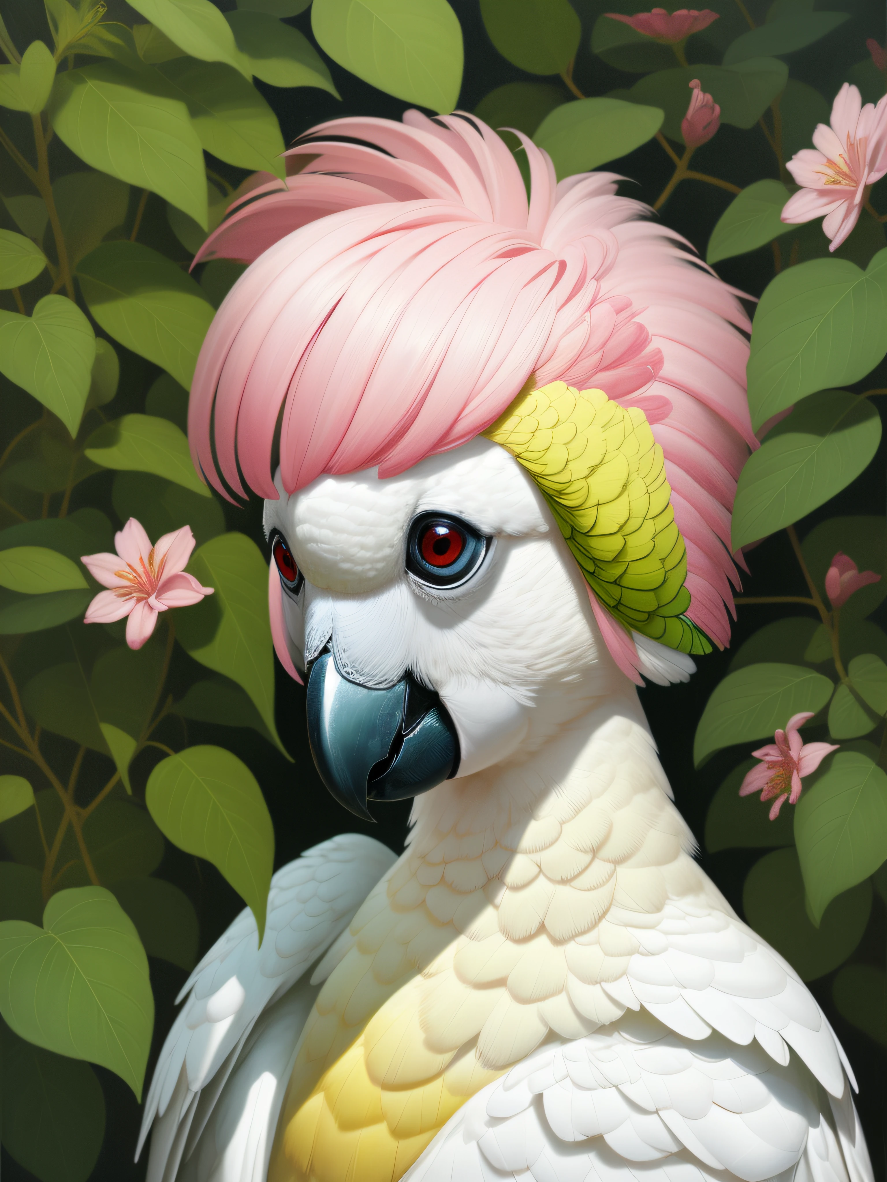 A fashion magazine, Hyperrealistic oil painting, (a pure white parrot), Short hair neutral woman, pink and emerald, Plants cover the background, style of artist hsiao-ron cheng, shiny hair, cowboy shot, Art Deco, Verism, bloom, award winning, retina