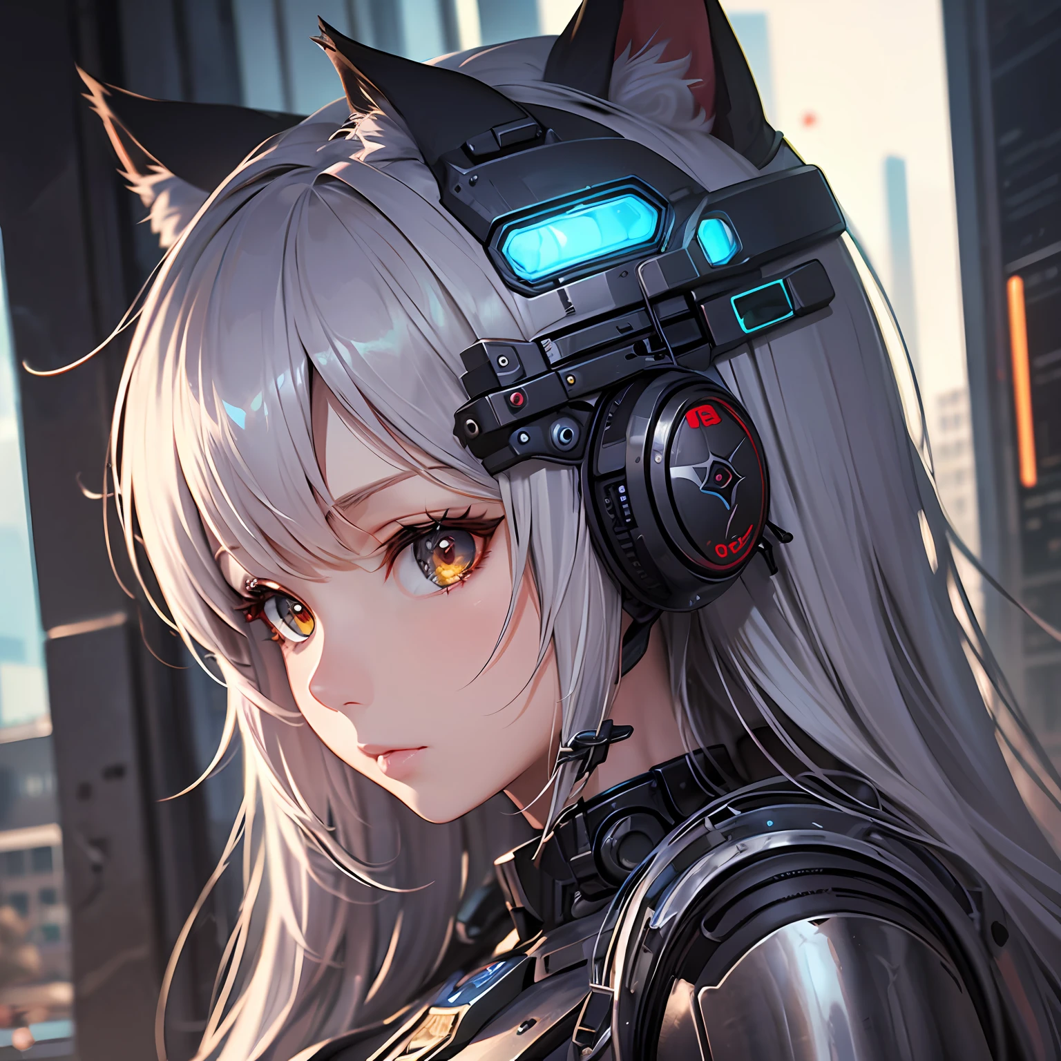 Cinematic Shot: 1.4, (Metal))),Kid girl with long metal hair,(Cyborg))), Cat Ears, Cyberpunk Style, (((Complex Detail))), HDR, (((Complex Detail, Ultra Detail))), Vignette