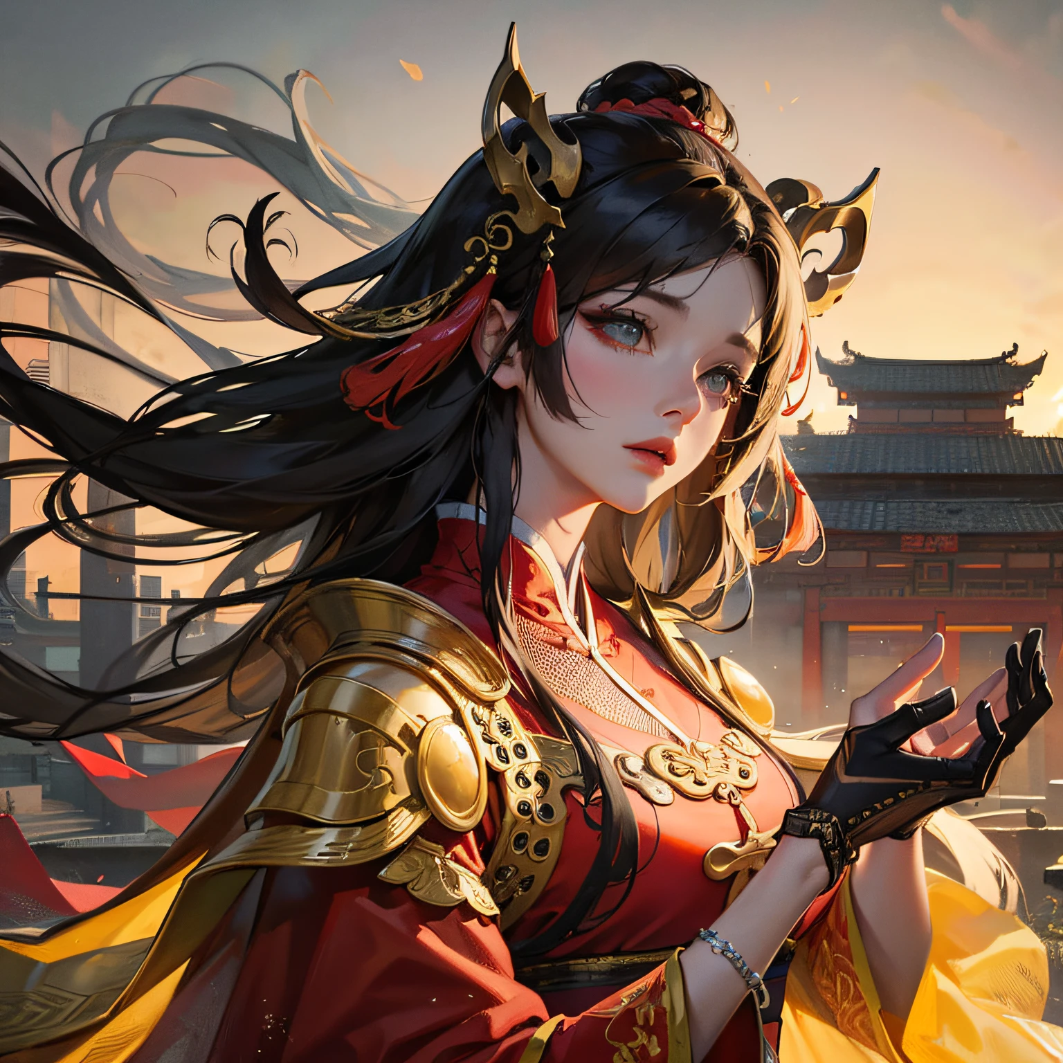 中国美少女Chinese costume，Tradition Chinese Ink Painting，sculpture，deserted city buildings，rays of shimmering light，Unreal Engine，Rich Details，high detail，Realistic Details，Astounding --auto