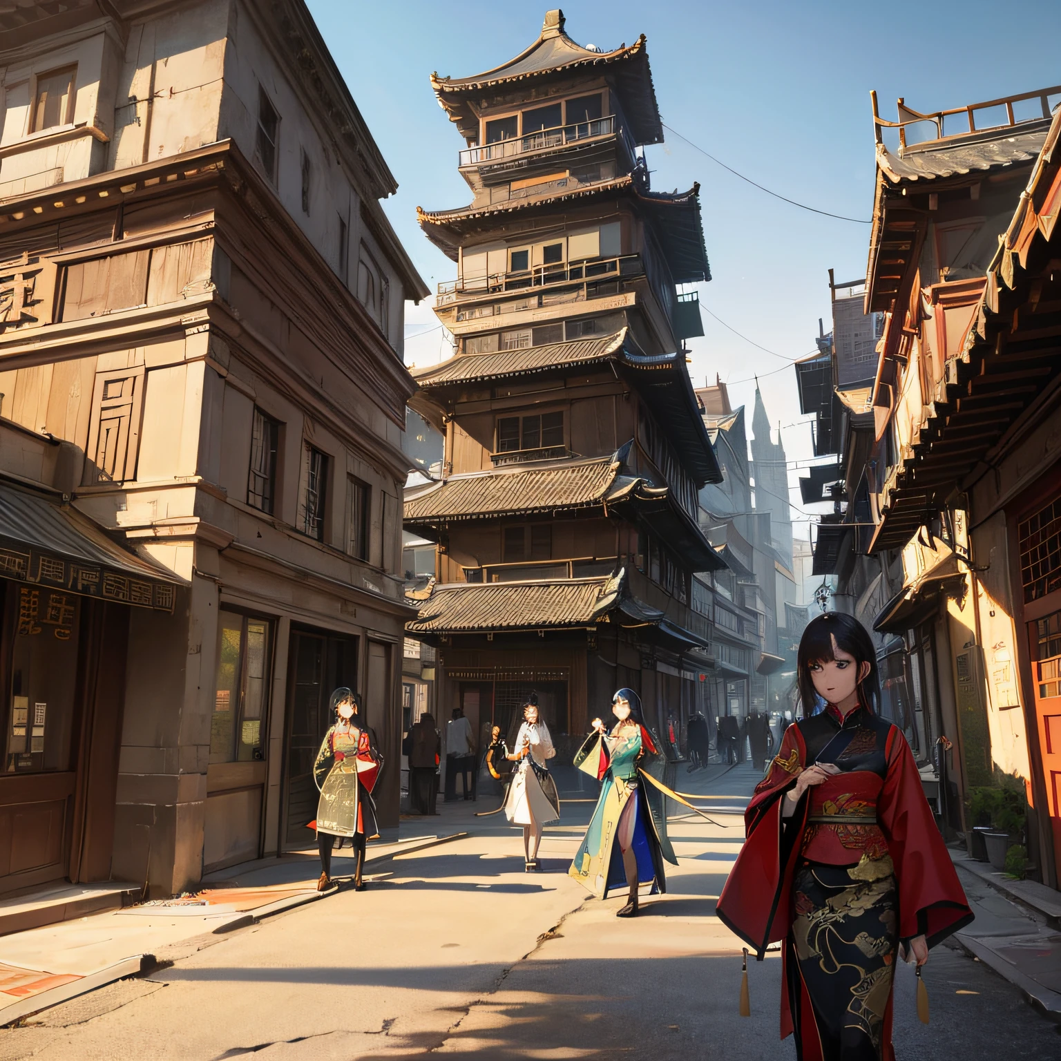 中国美少女Chinese costume,Tradition Chinese Ink Painting,sculpture,deserted city buildings,rays of shimmering light,Unreal Engine,Rich Details,high detail,Realistic Details,Astounding --auto
