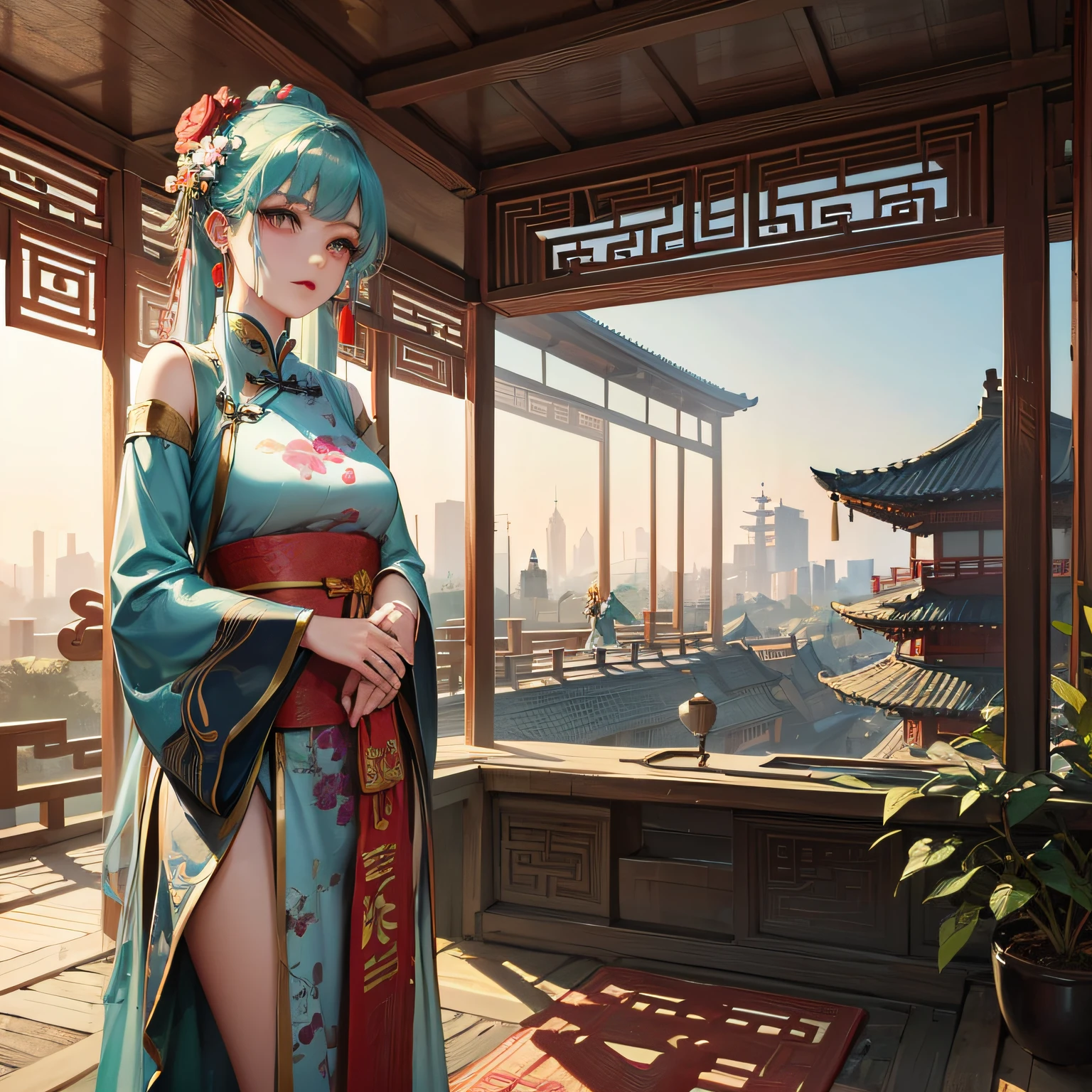 中国美少女Chinese costume,Tradition Chinese Ink Painting,sculpture,deserted city buildings,rays of shimmering light,Unreal Engine,Rich Details,high detail,Realistic Details,Astounding --auto