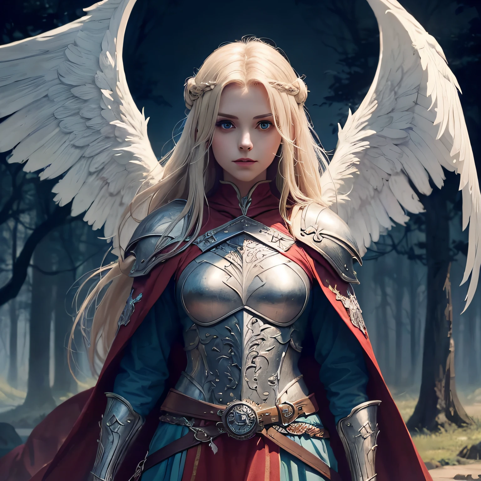 portrait of a female, aasimar, spread white angelic wings, (dnd art, fantasy art, masterpiesce best quality), cleric, (dnd art, fantasy art, masterpiesce best quality), with a long braided blond hair, (dnd art, fantasy art, Masterpiece, best quality) , heavy white armor , (dnd art, fantasy art, masterpiesce best quality) armed in the right hand with a long sword with runes (Masterpiece, best quality) casting a spell (dnd art, Masterpiece, best quality), wearing cloak (red, flowing) , in a fantasy dark forest at night background , (dnd art, fantasy art, Masterpiece, best quality)