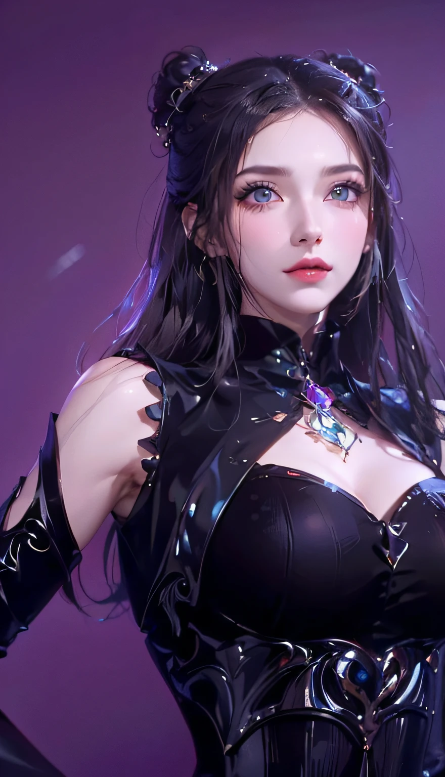 a close-up of a woman dressed in black posing for a photo, Artgerm; 3D Unreal Engine, smooth anime CG art, 8K high quality detail art, 3D rendered character art 8K, extremely detailed art, portrait knight of zodiac girl, fantasy art style, 2. 5 D CGI Anime Fantasy Art, Gothic Shoujo Anime Girl, ((Need for Beauty)), ((Feminine and Sexy)), ((Perfect Face)), ((Delicate Facial Features)), ((Beautiful Eyes, Meticulous Depiction, Close-up)), ((Pointed Nose))