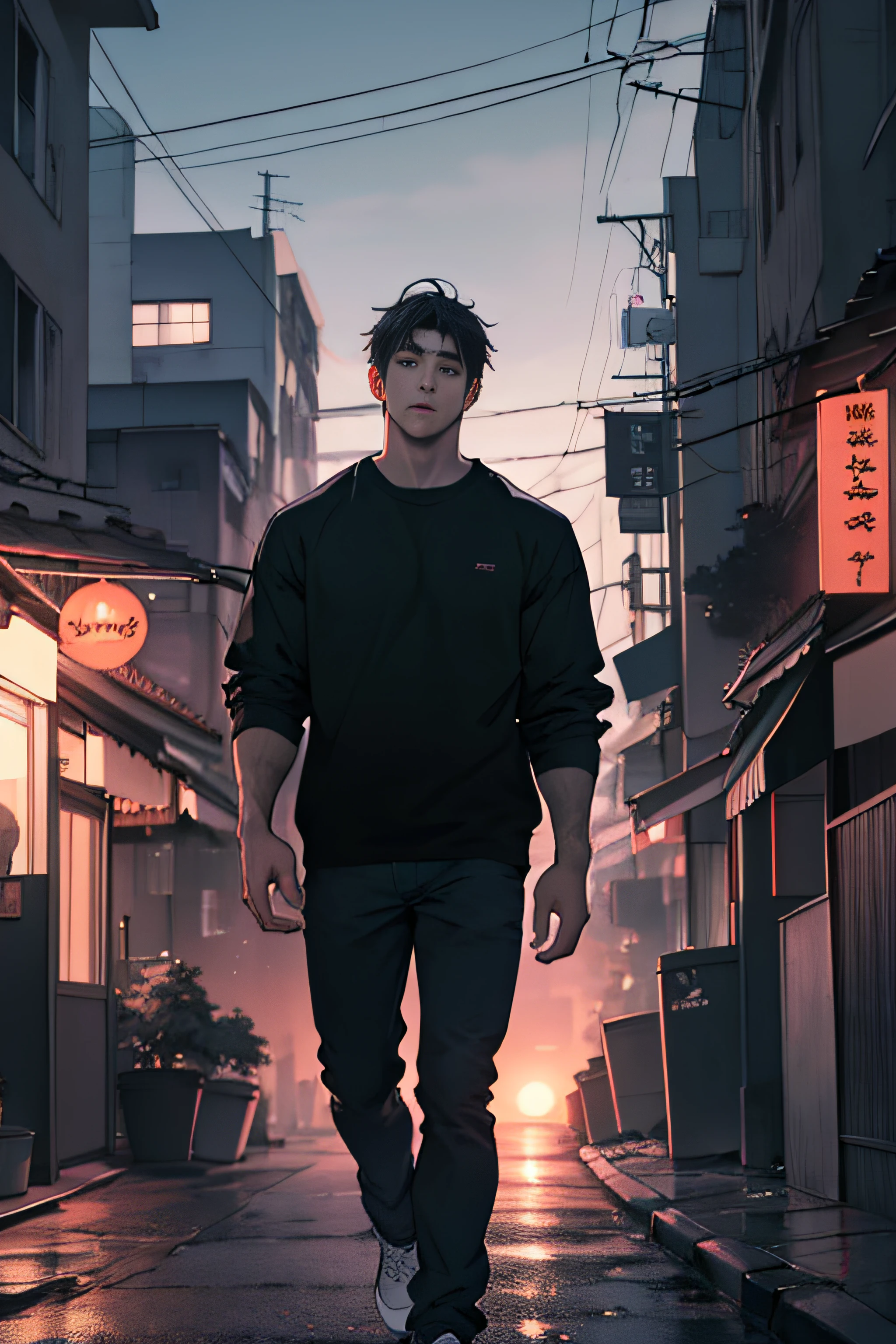 1man,masterpiece,best quality, ultra high res, dusk,cityscape,depth of field, short black messy hair, solo male