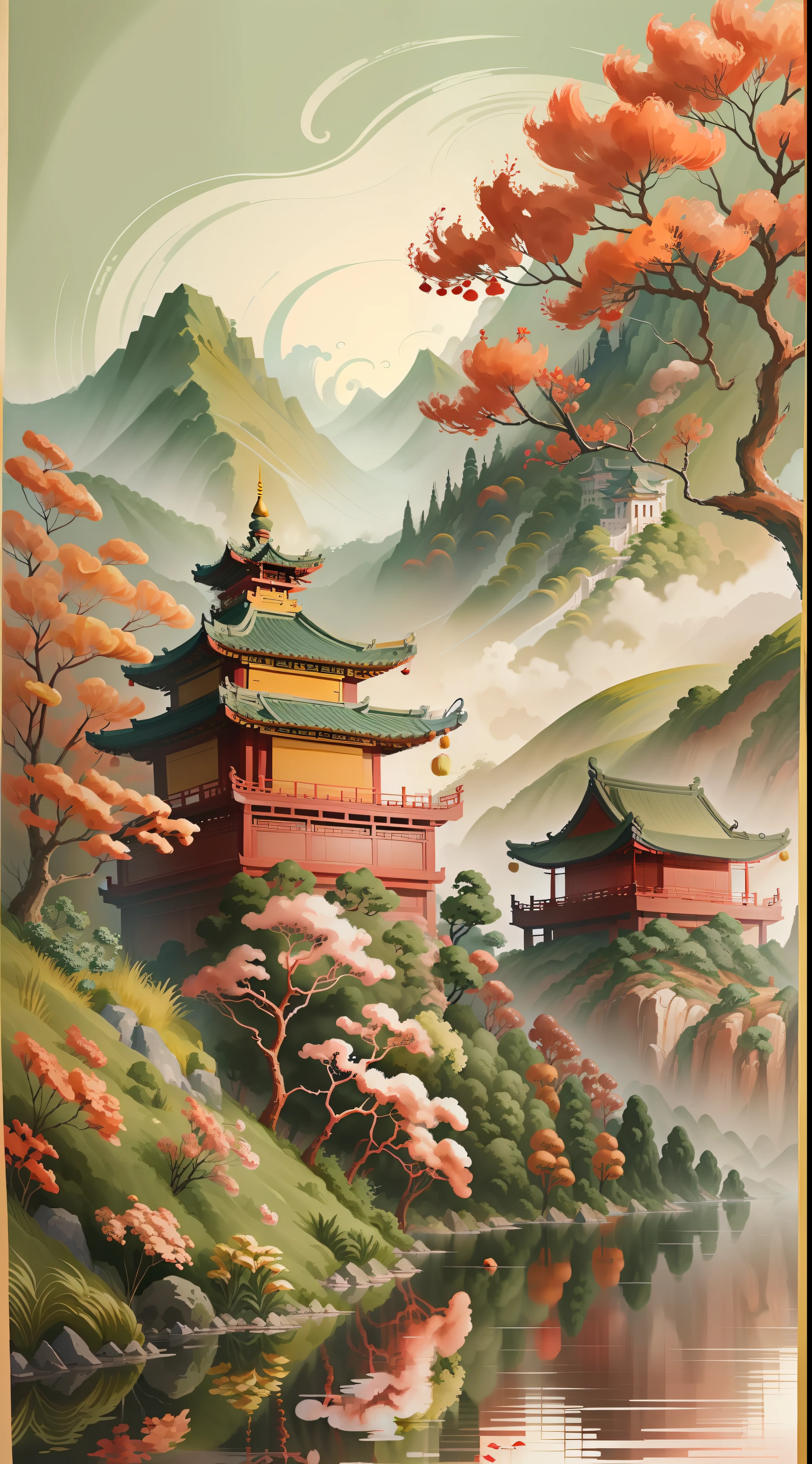 Paintings with Sui and Tang periods as the background, Chinese watercolor painting style, Chinese painting style, Chinese style painting, Chinese landscape architecture painting, tranquil illustration, architecture, spectacular landscape, detailed landscape architecture - width 672, magnificent architecture and landscape, Chinese Sui and Tang style illustration, in a peaceful landscape, Sui and Tang style landscape, Chinese style illustration, red tones, festive atmosphere, red tones dominant