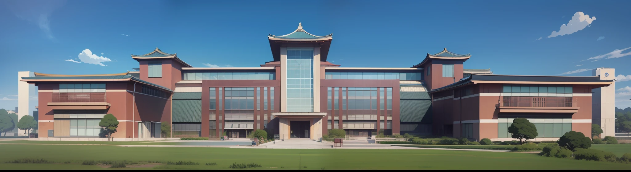 A perfectly symmetrical Japanese anime-style building, blue sky and white clouds, flat illustration style, manga sense, two-dimensional, --auto