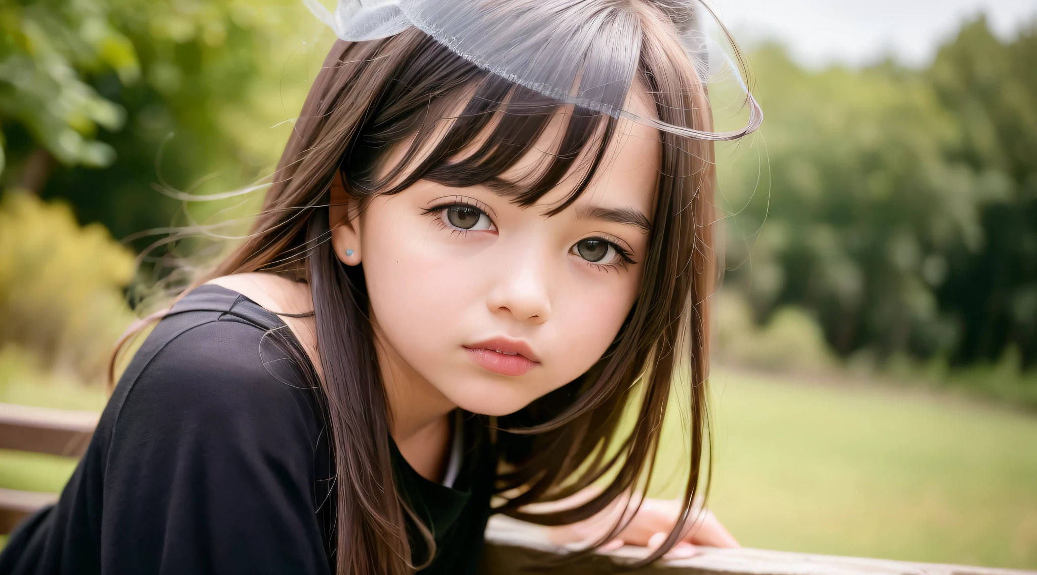 CHILD girl with a black bow and a black dress, girl with dark brown hair, girl with brown hair, black hair ribbons, a beautiful teen-age girl, wearing hair bow, young girl, brown hair and big eyes, half-length photo, photo of young woman, young, beautiful girl, she is about 1 6 years old, there is a black bird sitting on a wooden rail, long shiny thick black beak, closeup of a crow, cute crows, crows as a symbol of death, crow, crow bird, magpie, crow portrait!!!, black crow, dark crow, is looking at a bird, crows, male, crow, beautiful photo, closeup portrait shot, proud looking away, by Paul Bird