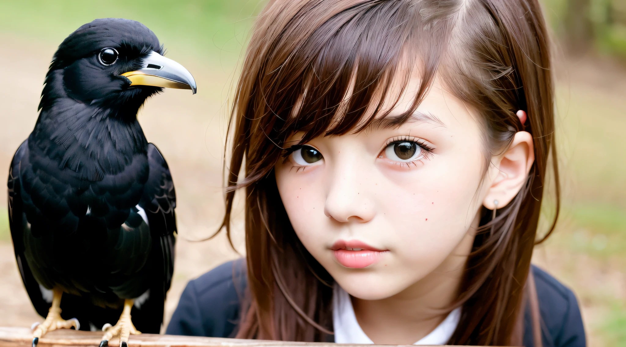 CHILD girl with a black bow and a black dress, girl with dark brown hair, girl with brown hair, black hair ribbons, a beautiful -age l, wearing hair bow, young girl, brown hair and big eyes, half-length photo, photo of young woman, young, beautiful girl, she is about 1 6 years oe is a black bird sitting on a wooden rail, long shiny thick black beak, closeup of a crow, cute crows, crows as a symbol of death, crow, crow bird, magpie, crow portrait!!!, black crow, dark crow, is looking at a bird, crows, male, crow, beautiful photo, closeup portrait shot, proud looking away, by Paul Bird