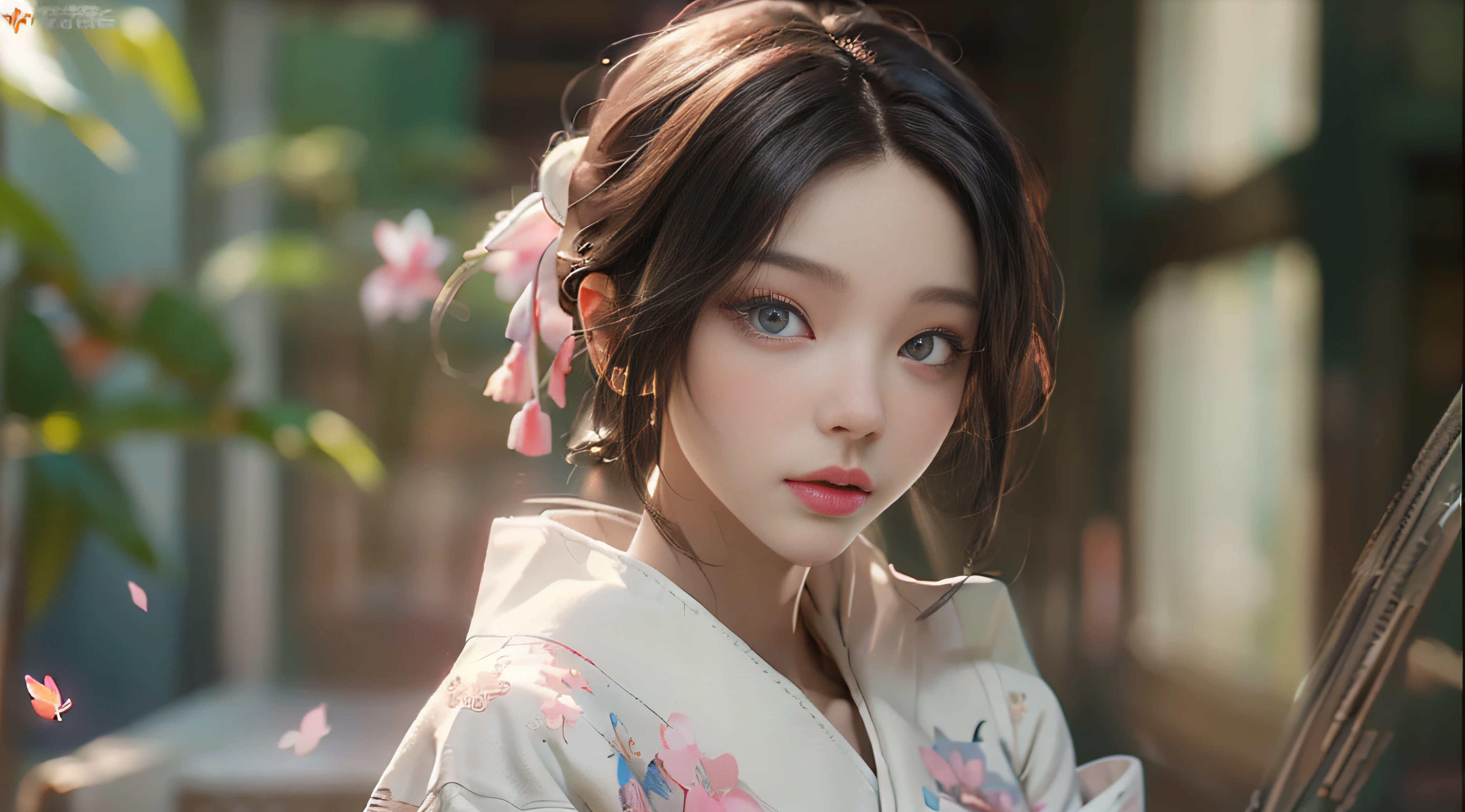 ((Best Quality)), ((Masterpiece)), (Detail: 1.4), 3D, Beautiful Cyberpunk Female Image, HDR (High Dynamic Range), Ray Tracing, NVIDIA RTX, Super Resolution, Unreal 5, Subsurface Scattering, PBR Texture, Post-Processing, Anisotropic Filtering, Depth of Field, Maximum Sharpness and Sharpness, Multi-layer Texture, Albedo and Highlight Mapping, Surface Coloring, Mitsu-Accurate Simulation of Material Interactions, Perfect Proportions, Octane Rendering, Two-color Light, Large Aperture, Low ISO, white balance, regular three-point, 8K RAW, beautiful bright pupils, flowing robe, fine pupils, delicate face and eyes, long eyelashes, blush, fluffy hair, pink lips, pure, cute, cherry blossom petals falling, butterfly