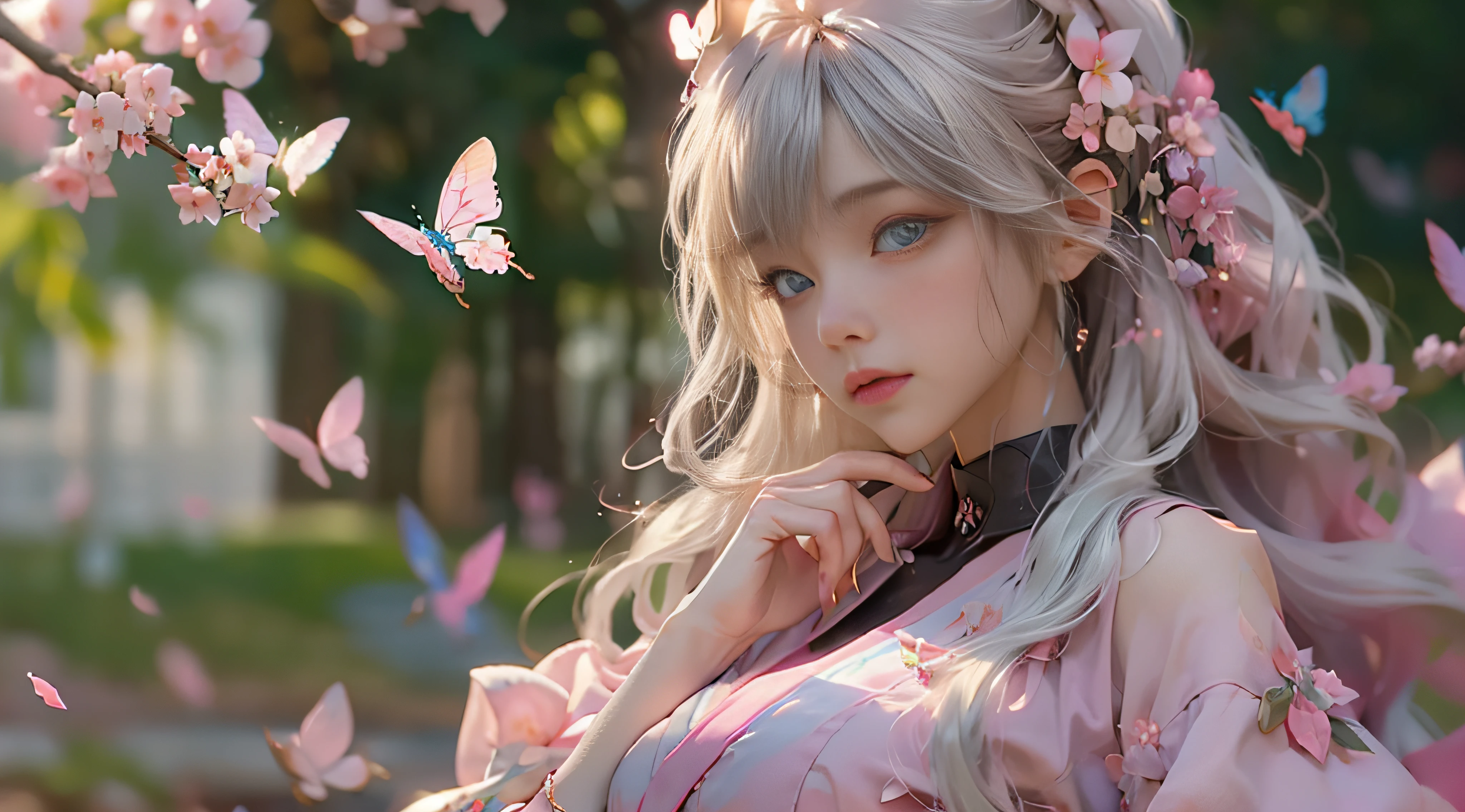 ((Best Quality)), ((Masterpiece)), (Detail: 1.4), 3D, Beautiful Cyberpunk Female Image, HDR (High Dynamic Range), Ray Tracing, NVIDIA RTX, Super Resolution, Unreal 5, Subsurface Scattering, PBR Texture, Post-Processing, Anisotropic Filtering, Depth of Field, Maximum Sharpness and Sharpness, Multi-layer Texture, Albedo and Highlight Mapping, Surface Coloring, Mitsu-Accurate Simulation of Material Interactions, Perfect Proportions, Octane Rendering, Two-color Light, Large Aperture, Low ISO, white balance, regular three-point, 8K RAW, beautiful bright pupils, flowing robe, fine pupils, delicate face and eyes, long eyelashes, blush, fluffy hair, pink lips, pure, cute, cherry blossom petals falling, butterfly
