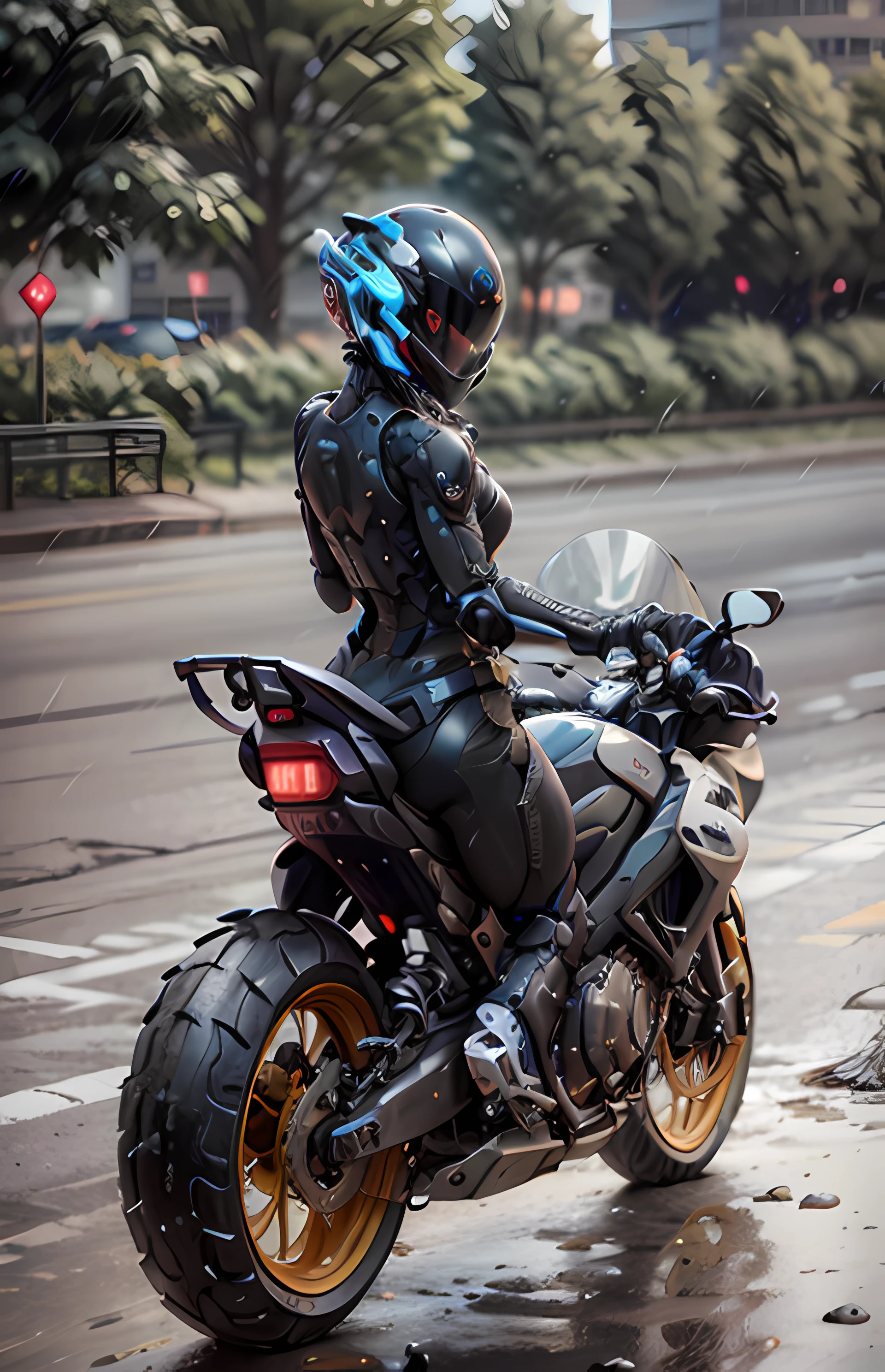 Red and blue, 8k, ultra sharp, best quality, masterpiece, realistic, (ultra realistic details), fine detail, ultra high resolution, global illumination,
Cyberpunk city setting, solo, Mech helmet, ornaments detailed, Arapei riding a motorcycle in the rain wearing a helmet, photo of a female cyclist, cyclist, motorcyclist, sitting on a motorcycle, motorcycle, riding a motorcycle, wearing a helmet, riding a motorcycle, long shot from behind, sitting on a cyberpunk motorcycle, frank, no helmet, the look of a villain, riding on the road, motorcycle, mechanical body, Mechanical clones, mecha, glowing helmets, sitting on motos, (neon clothes: 1), portraits, cyberpunk costumes, glowing clothes,
Starry sky, colorful background, bokeh, (neon: 1), online world