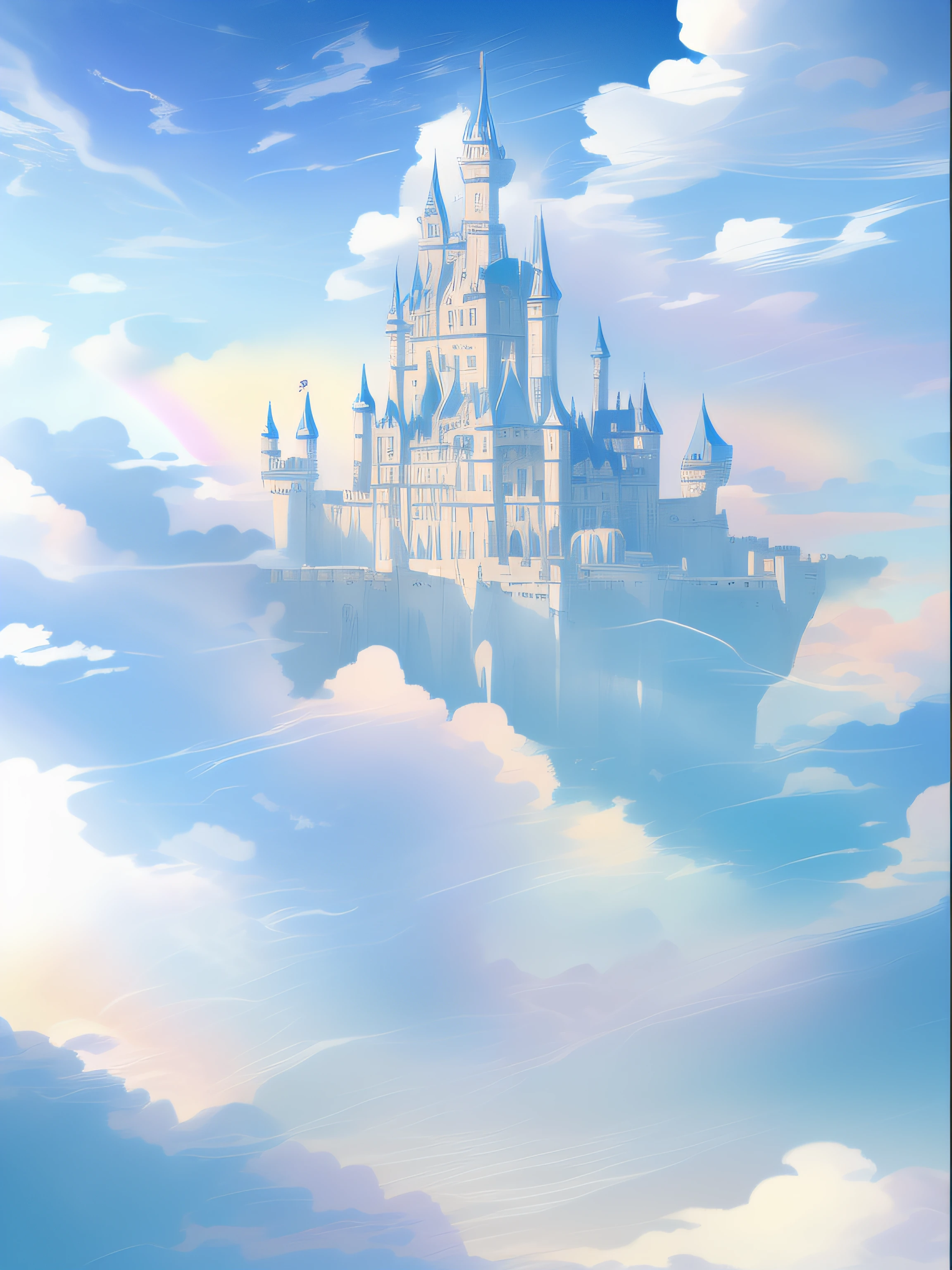there is a castle in the sky with a rainbow in the background, flying cloud castle, castle in the clouds, palace floating in the sky, castle made of clouds, palace floating in heaven, cloud palace, flying castle, castle in the sky style, abandoned castle in the sky, magical castle, castle in the sky, fairy tale style background, castle scene manga