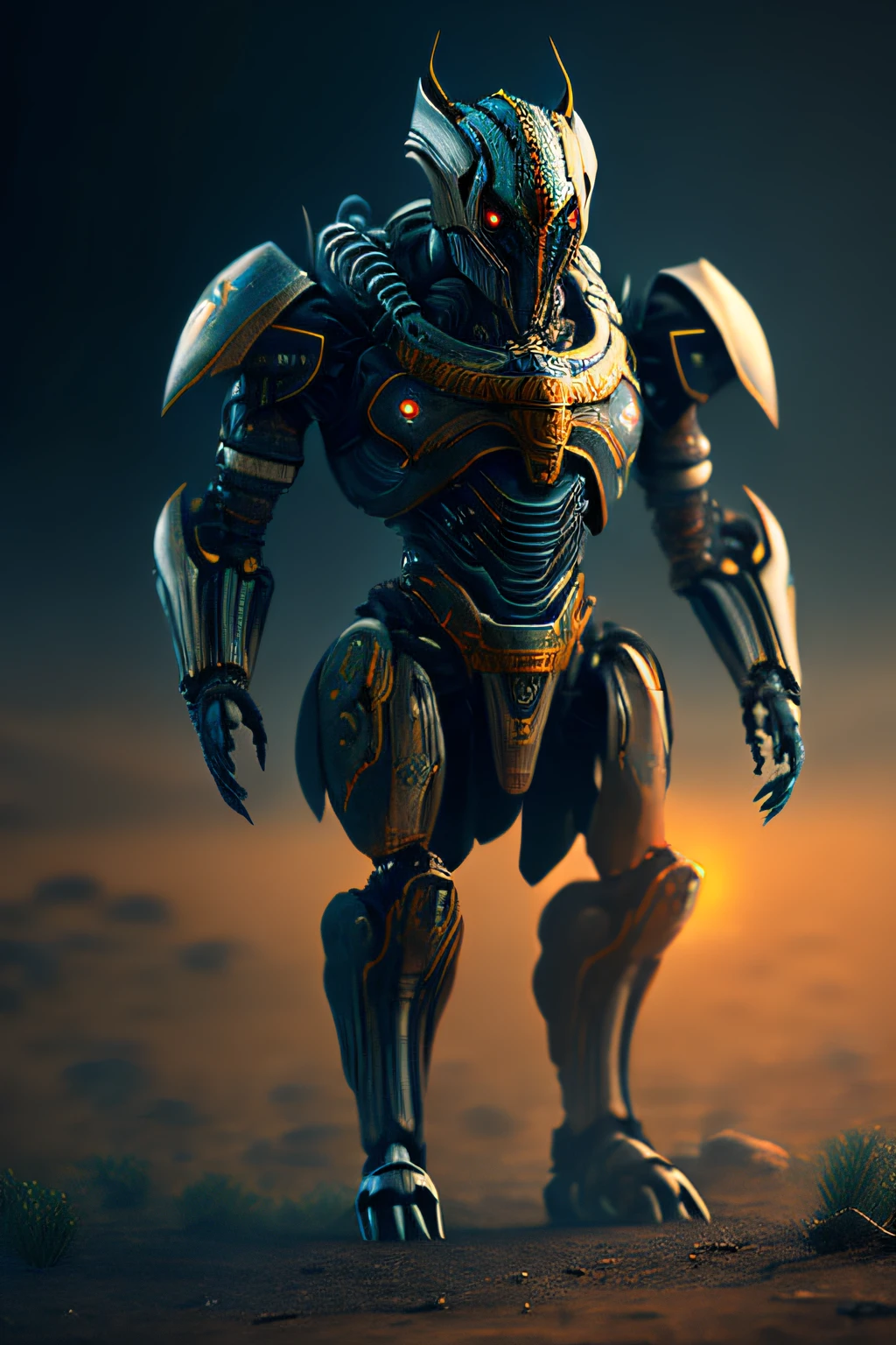Ancient Alien Warrior Android, Robot, Dark Horror Futurism, Cinematic, Fine Detail, 8k, (Dark Shot: 0.7), Subsurface Scattering, (Ambient Lighting: 1.3), (ArtStation: 1.3),(( wide short body, spherical head))
