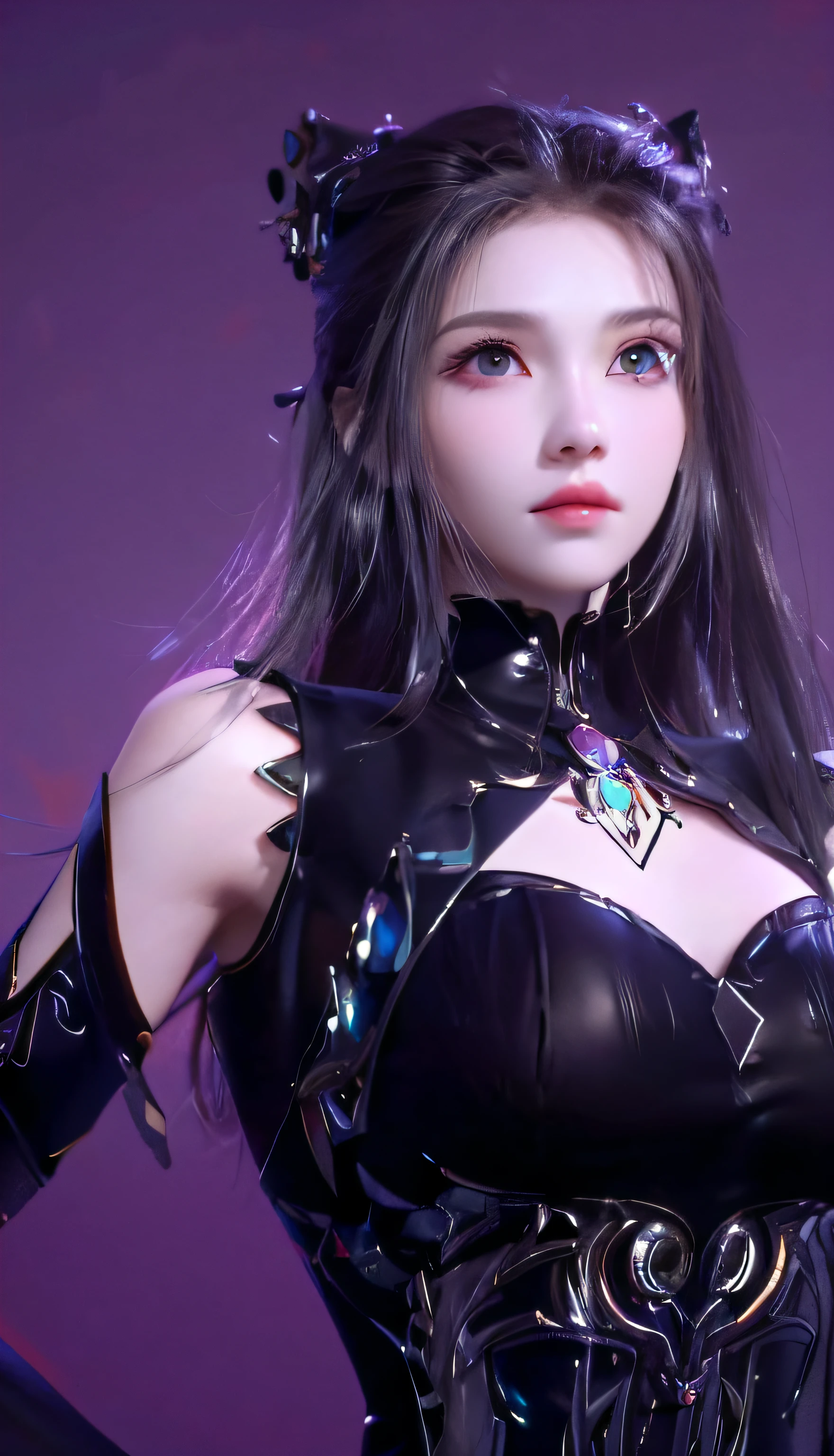 a close-up of a woman dressed in black posing for a photo, Artgerm; 3D Unreal Engine, smooth anime CG art, 8K high quality detail art, 3D rendered character art 8K, extremely detailed art, portrait knight of zodiac girl, fantasy art style, 2. 5 D CGI Anime Fantasy Art, Gothic Shoujo Anime Girl, ((Need for Beauty)), ((Feminine and Sexy)), ((Perfect Face)), ((Delicate Facial Features)), ((Beautiful Eyes, Meticulous Depiction, Close-up)), ((Pointed Nose))