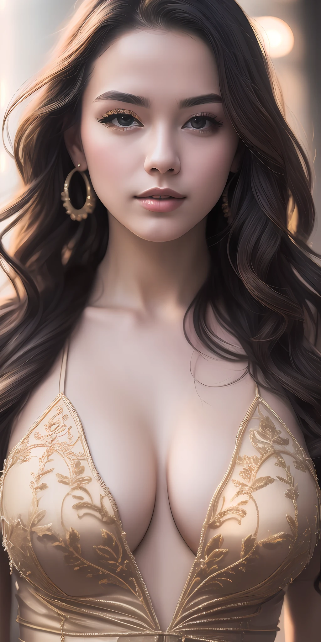 photo of a 25 years old european girl, RAW, beautiful woman, (extra long wavy brown hair), ((portrait)), ((detailed face:1.2)), ((detailed facial features)), (finely detailed skin), pale skin, high detailed deep cleavage bodycon hasmat suit , megacity environment, (cold colors), damp, moist, reflections, (masterpiece) (perfect proportion)(realistic photo)(best quality) (detailed) photographed on a Canon EOS R5, 50mm lens, F/2.8, HDR, (8k) (wallpaper) (cinematic lighting) (dramatic lighting) (sharp focus) (intricate) fashion