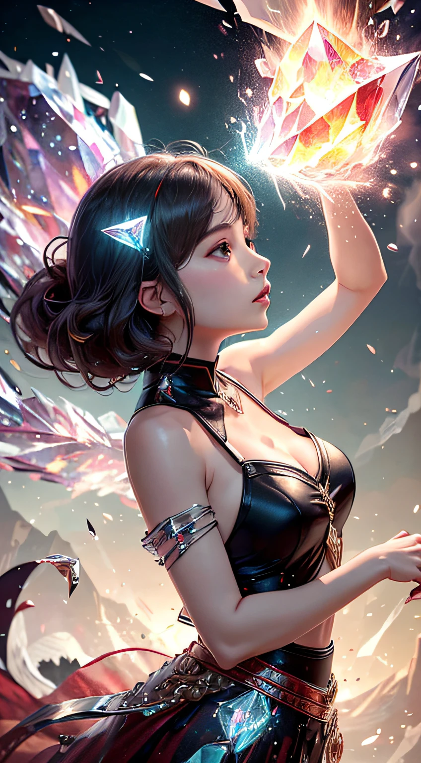 (Obra-prima,topquality,optimal,official arts,beautiful and aesthetic,Long Exposure:1.2),smooth movement,Charming Patterns, 1 人,(Long skirt with sleeves:1.3),red Clothes,close up of upper body,bare shoulders,Chinese Girl,erogenous,black lob hair, Portraits,solo,upper body,watching the observer,detailedbackground,detailed Face,(crystallineAI, crystalline theme:1.1),Elemental Fire Elves,Spin fire,Control the fire,Ruby clothes,dynamicpose,particles floating,ethereal dynamics,firey,steam,Magma in the background,red tones,volcanic,ethereal atmosphere,