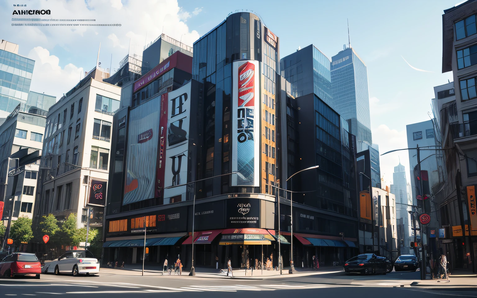 Building, technology elements, posters, text typography, commercial posters