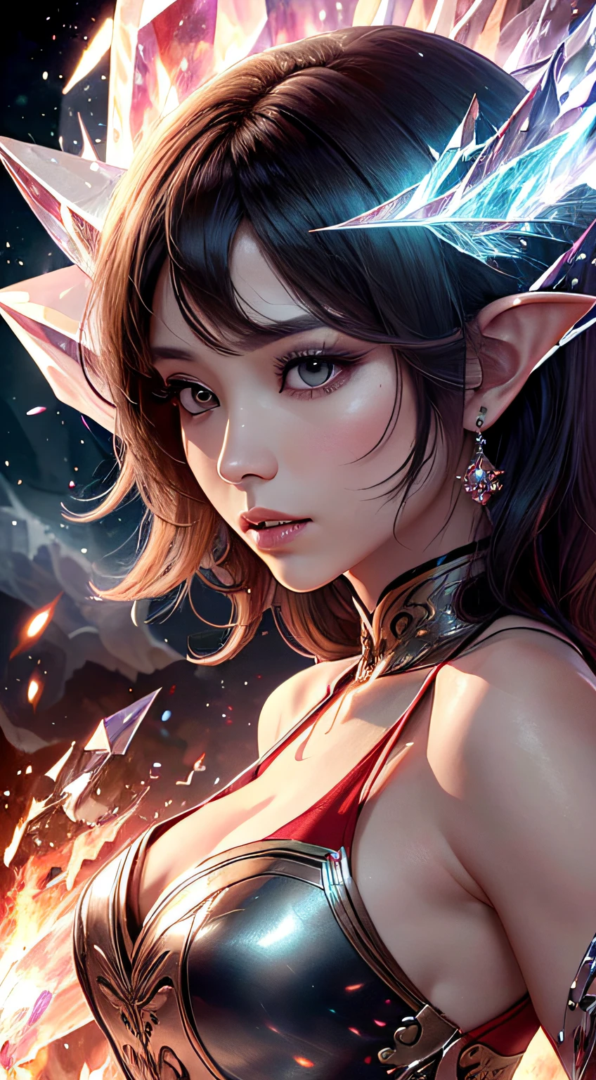 (Obra-prima,topquality,optimal,official arts,beautiful and aesthetic,Long Exposure:1.2),smooth movement,Charming Patterns, 1 人,(Long skirt with sleeves:1.3),red Clothes,close up of upper body,bare shoulders,Chinese Girl,erogenous,black lob hair, Portraits,solo,upper body,watching the observer,detailedbackground,detailed Face,(crystallineAI, crystalline theme:1.1),Elemental Fire Elves,Spin fire,Control the fire,Ruby clothes,dynamicpose,particles floating,ethereal dynamics,firey,steam,Magma in the background,red tones,volcanic,ethereal atmosphere,