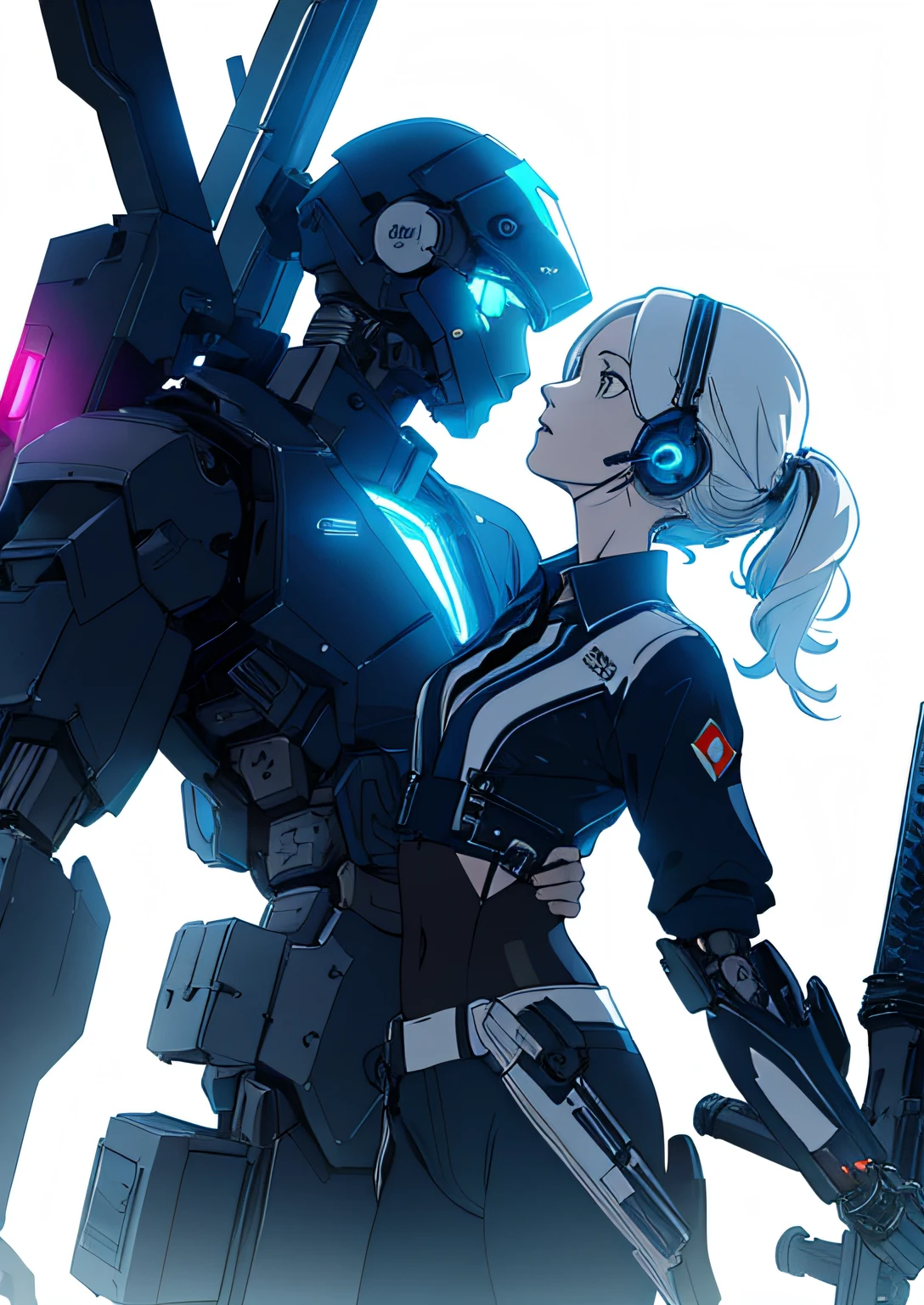 (flat color),(colorful),(masterpiece:1.2), best quality, masterpiece, looking at viewer, white background,
1girl, white hair, slightly curly hair, expressionless, ponytail, side braid,
mecha bodysuit, mecha museum, mechanical parts,robot joints, headgear, earphone, cyberpunk, neon_trim, glowing neon lights, blue, purple,
open jacket,black sheer pantyhose, visible through (sheer crop top), shirt,
garter,necktie, navel, gloves,Hand katana,
techwear jacket, with buckle and tape, black gloves, tactical vest,cyberhelmet,cyborg,(helmet)