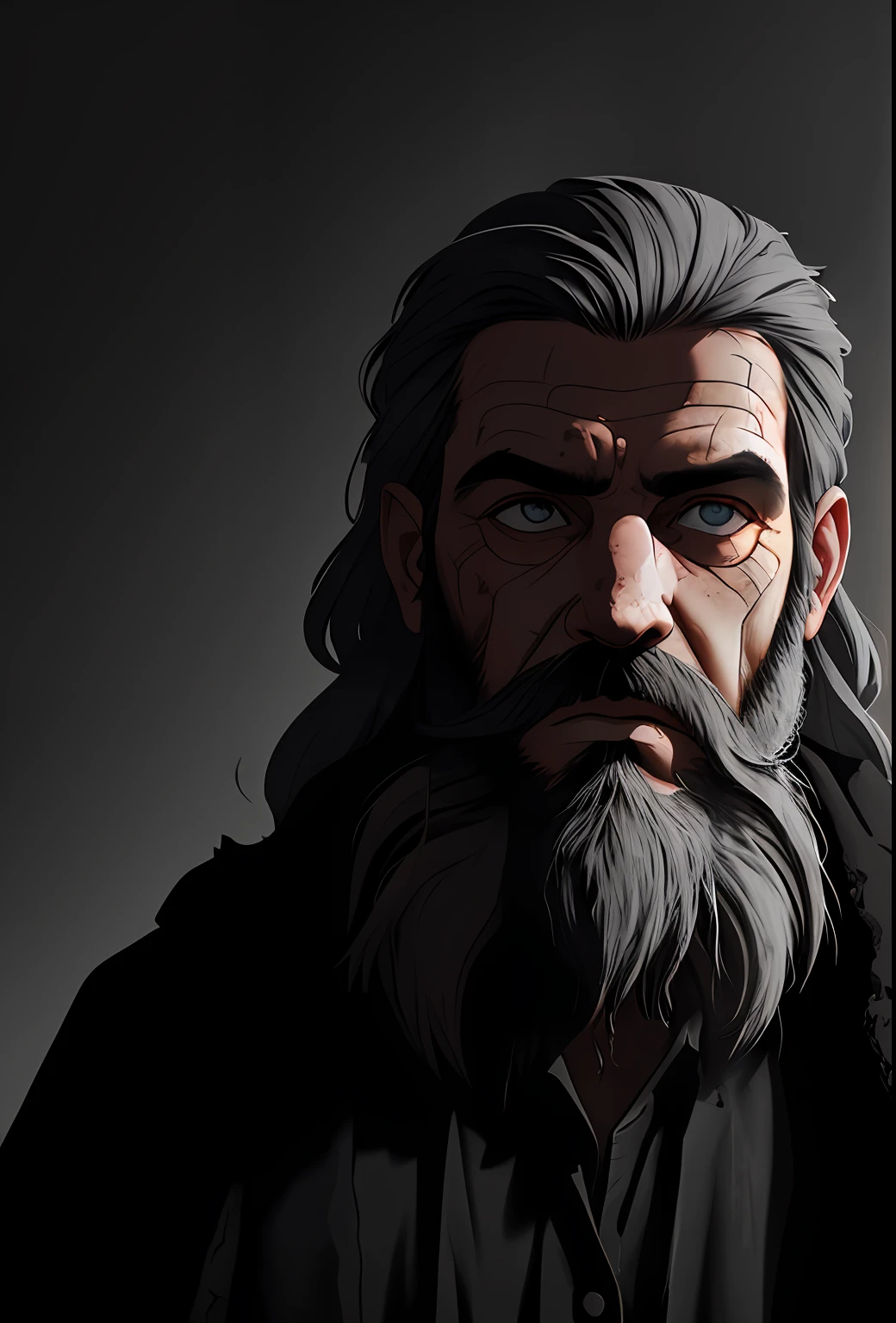 old evil hermit, medieval, piercing_deep-set_eyes, wrinkled face, dark_stichted_cloak, (dramatic lighting:1.25), (shadowy background:1.2), (dirty_ unkempt_gray_hair:1.2), (long_shaggy_beard:1.3), (faded colors:1.1), (sharp focus:1.1), (shadows:1.2), (subtle HDR:1.3), (realistic skin texture:1.25), (detailed hair:1.2), (gritty texture:1.1), (cinematic look:1.2), (powerful pose:1.3), (blush:0.5), (goosebumps:0.5), subsurface scattering, detailed_grey_eyes