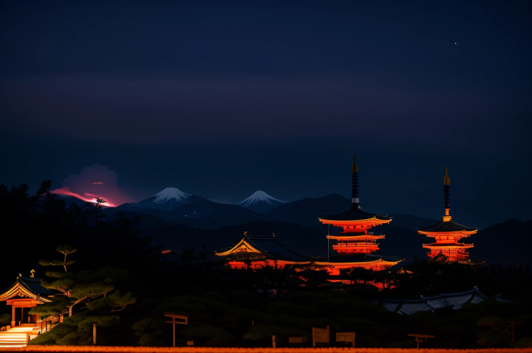 there are two pagodas in the distance with a mountain in the background, glowing temple in the distance, pagodas on hills, japan at night, japanese city at night, by Torii Kiyomasu, japanese temples, japanese temple, in a japanese town at night, by Torii Kiyomasu II, inspired by Itō Jakuchū